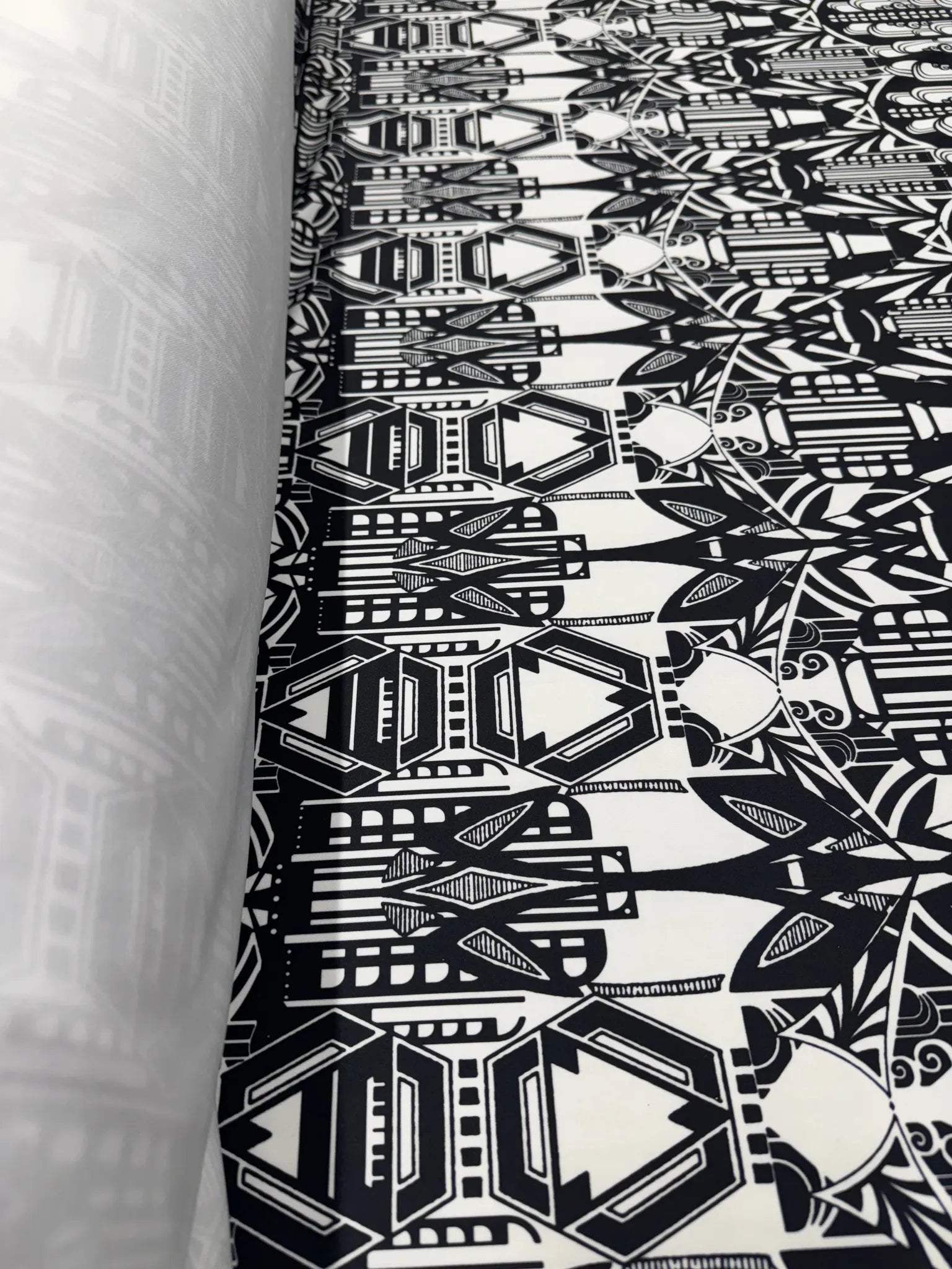 Close-up of Art Deco geometric patterns in black and white fabric.