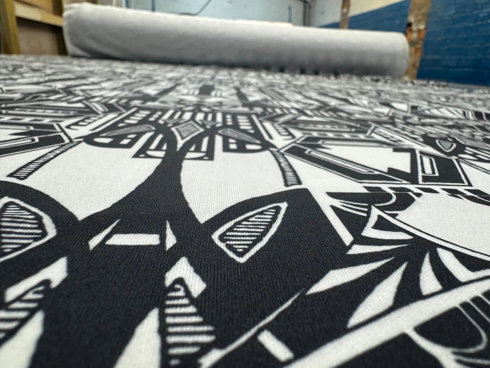 Dresses made from black and white Art Deco geometric fabric.