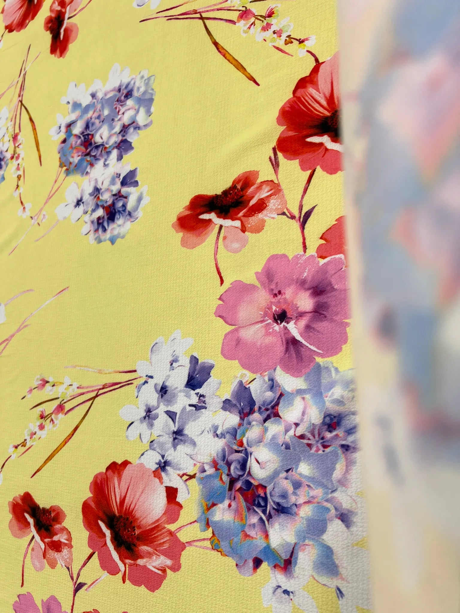 Colorful floral designs on bright yellow fabric