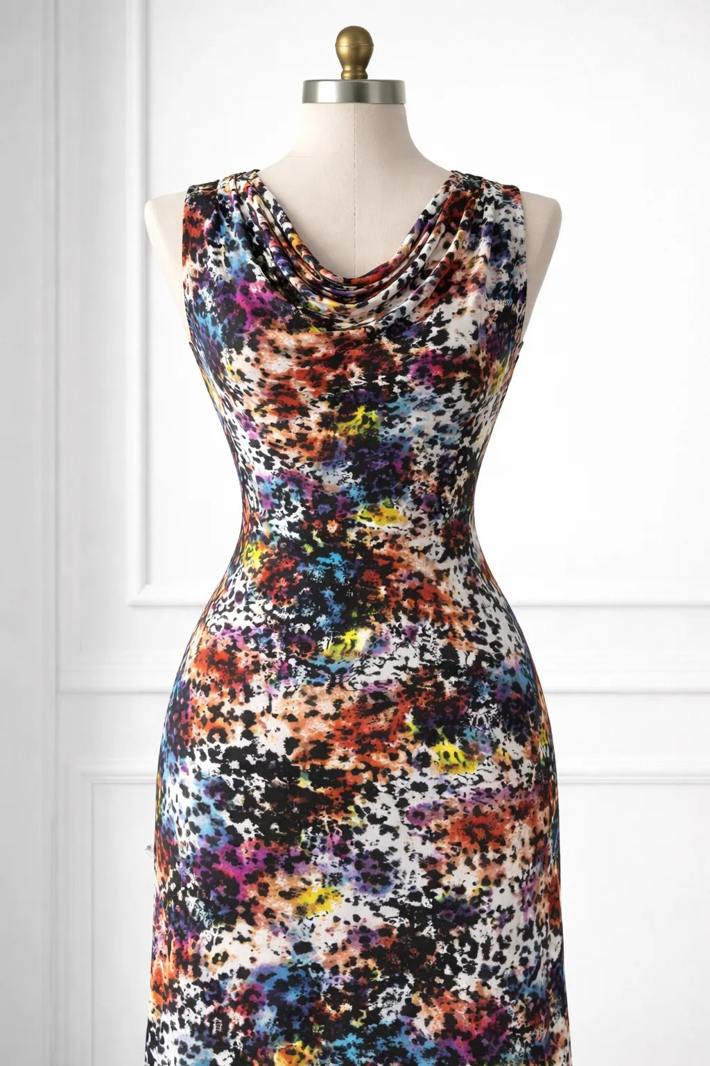 Lightweight multicolor animal print jersey fabric draped
