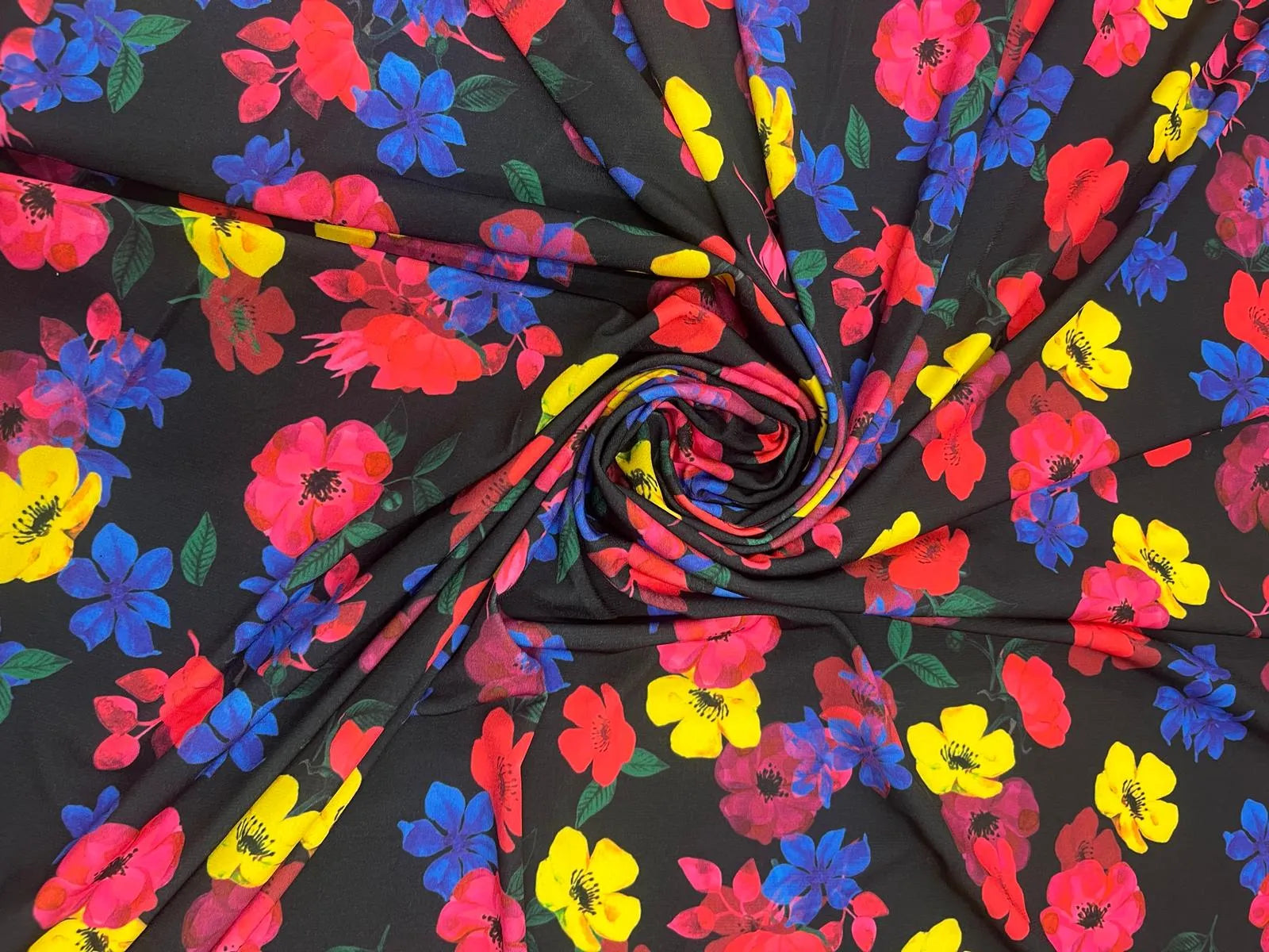 Vibrant floral stretch jersey fabric with colorful floral pattern