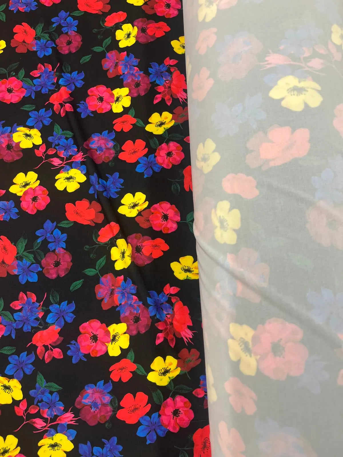 Close-up of bright floral stretch jersey fabric texture