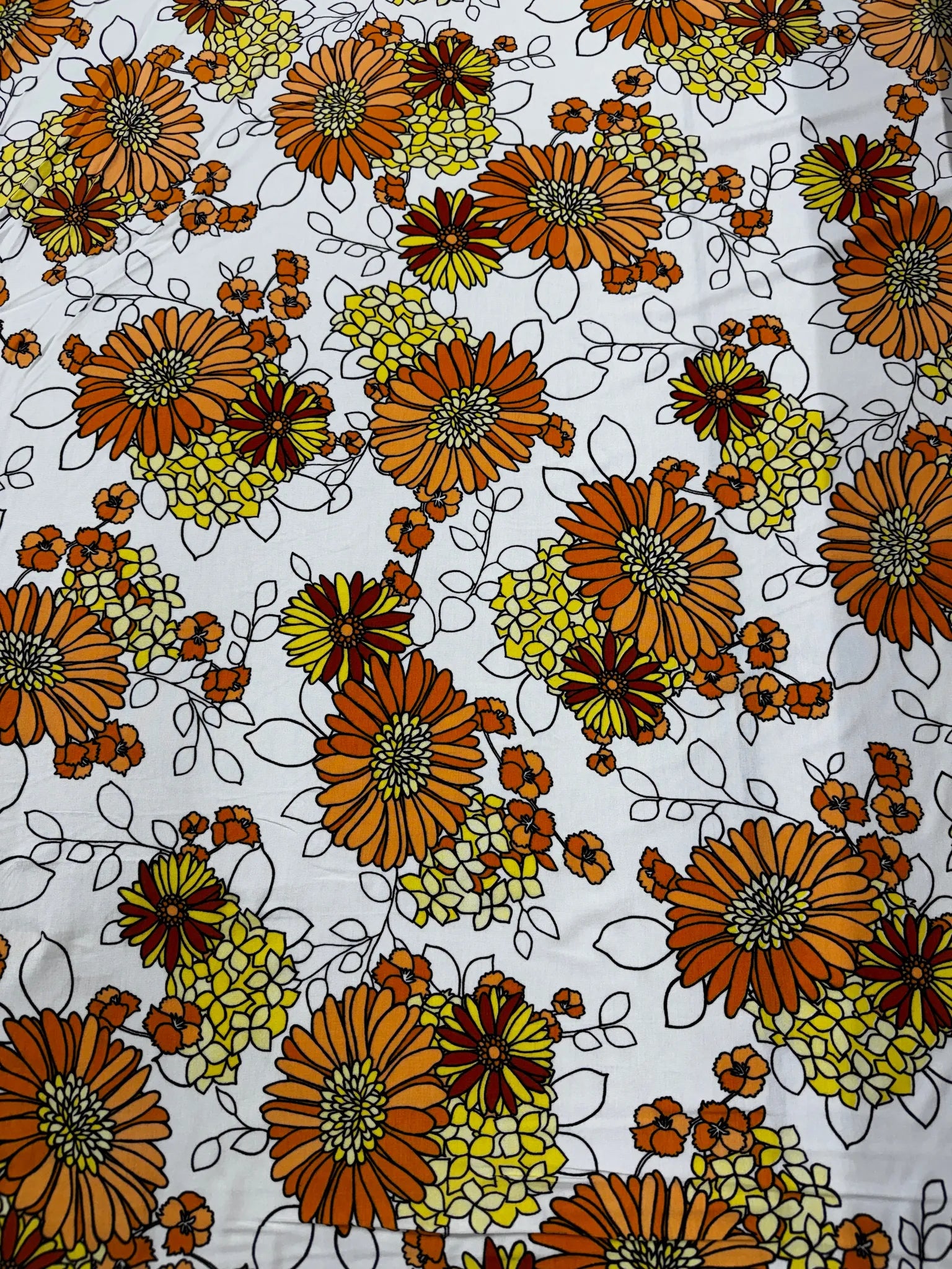 Close-up of retro floral daisy print on spun polyester fabric