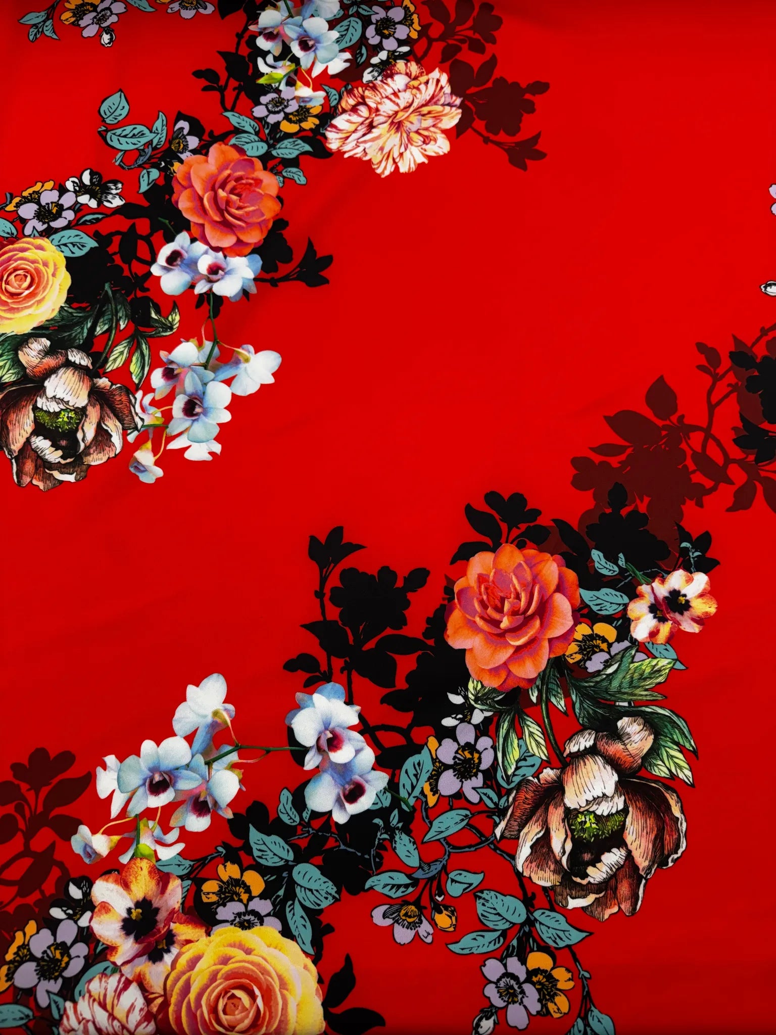 150cm wide red floral scuba fabric for fashion projects