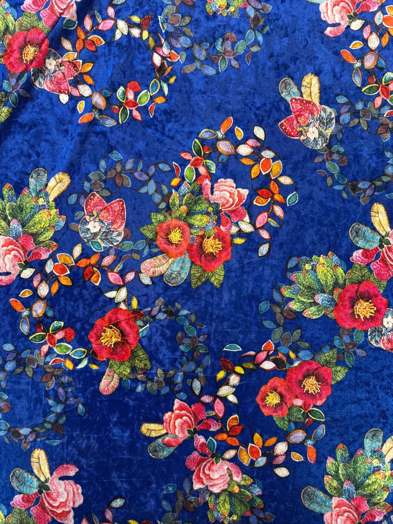 Soft crushed velvet fabric showcasing rich floral patterns.