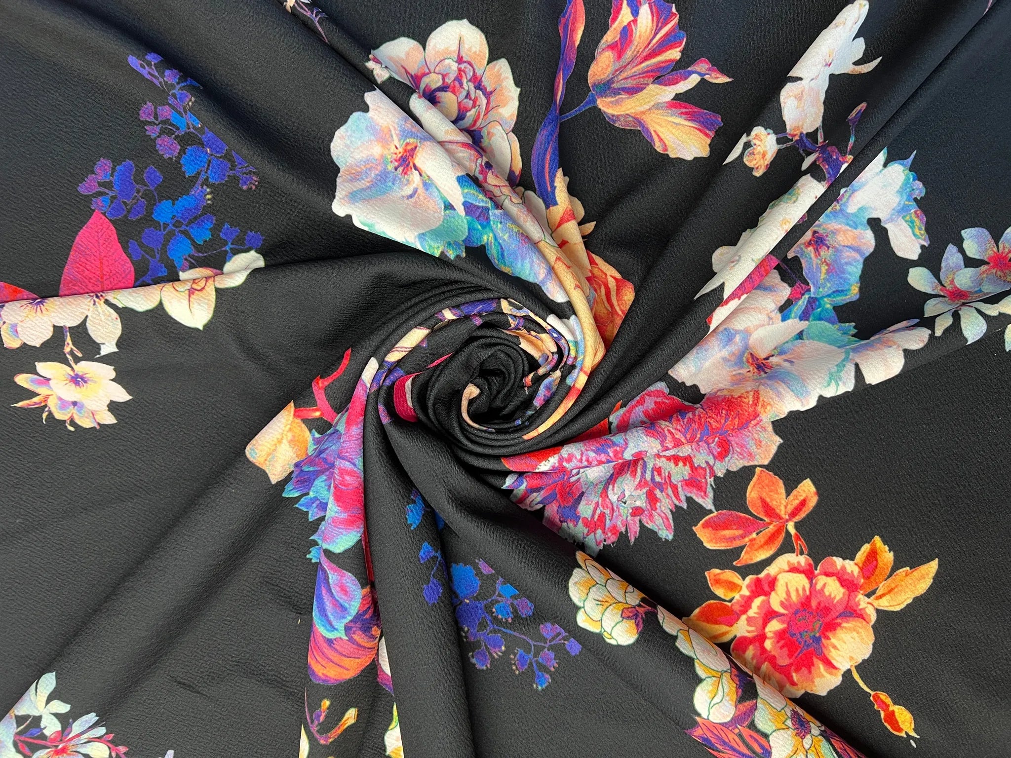 Black multicolour floral Liverpool fabric swatch