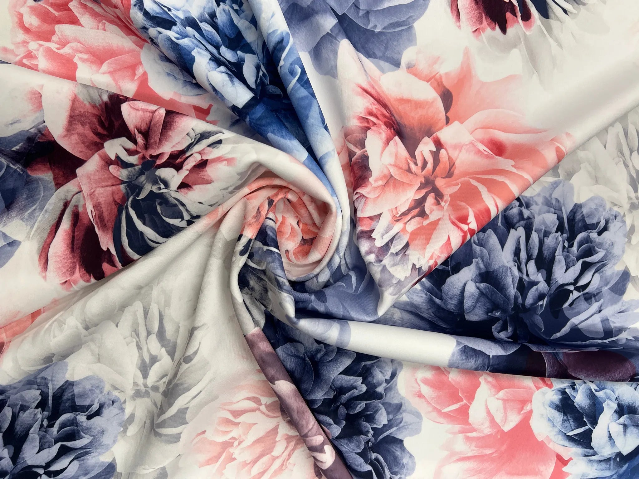 Soft Bloom Elegance Scuba Knit floral fabric detail