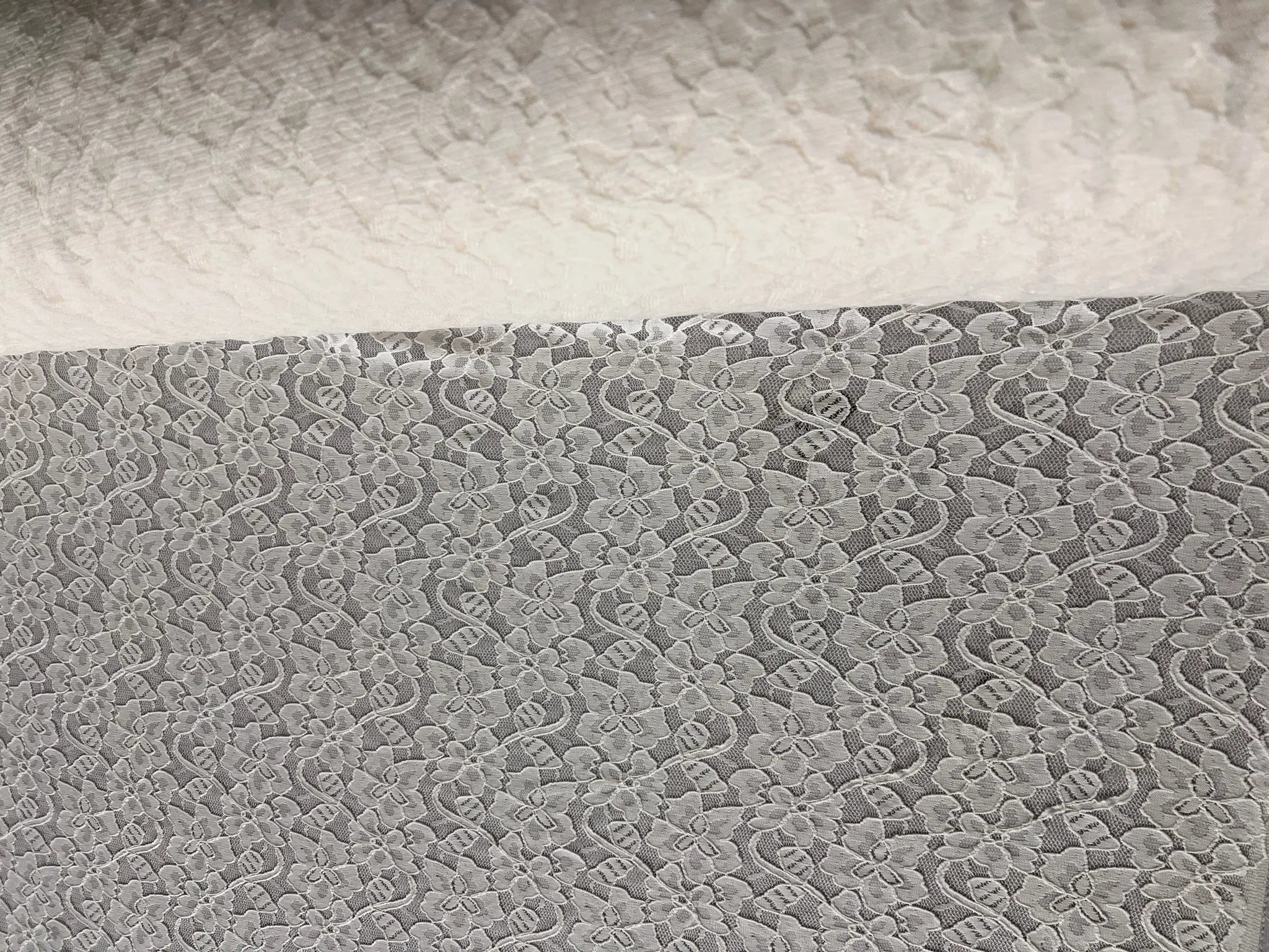 Close-up of Ice White Floral Lace Fabric texture.