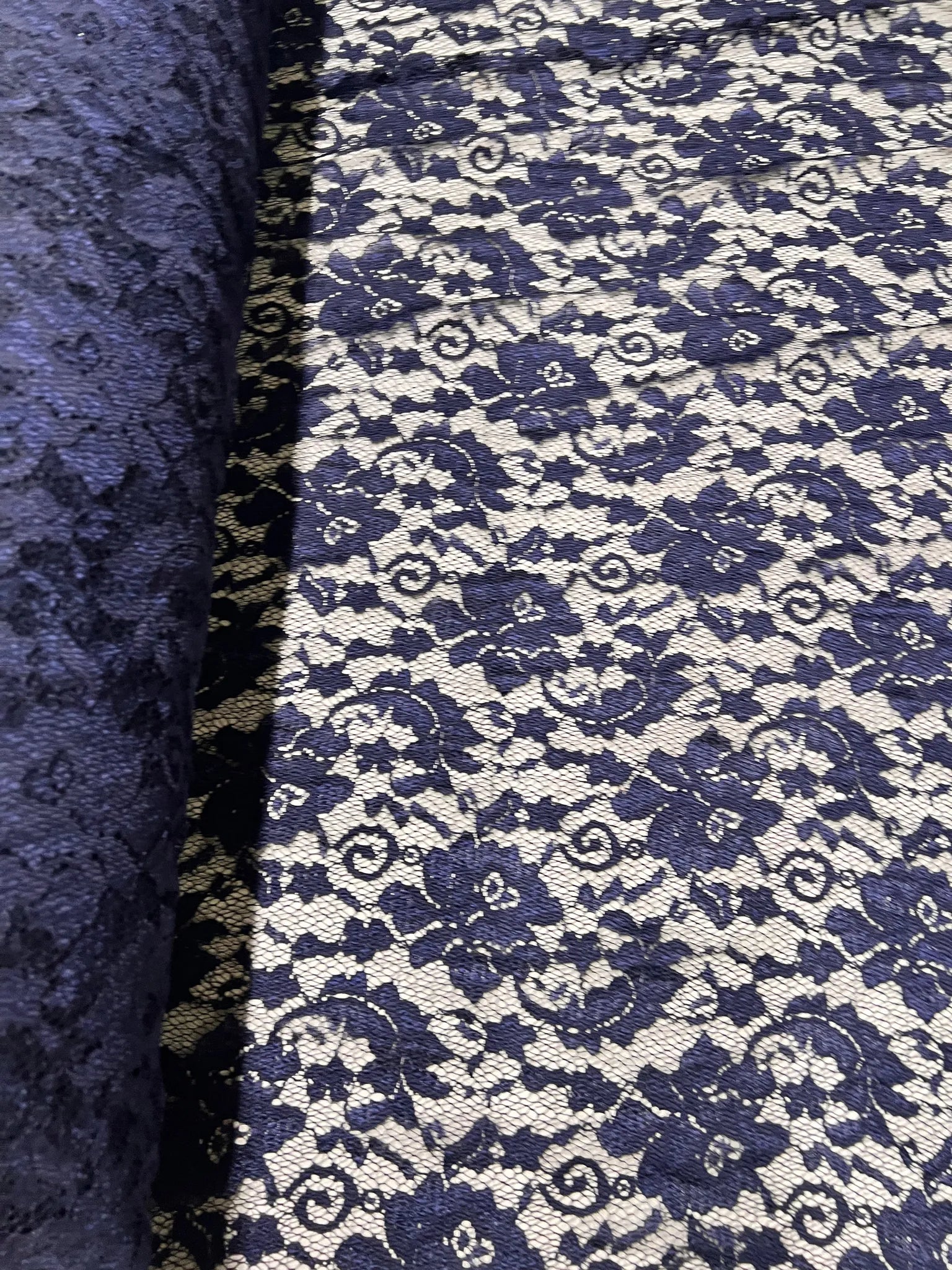 Close-up of lightweight navy lace fabric texture