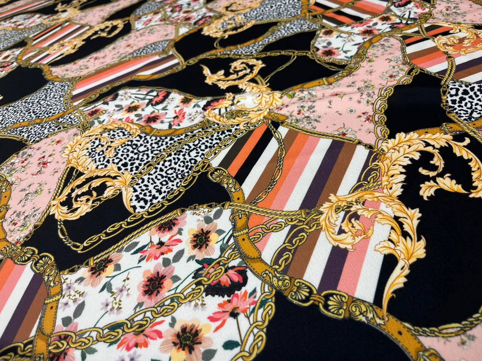 Elegant drape of Floral Baroque Chain Liverpool fabric