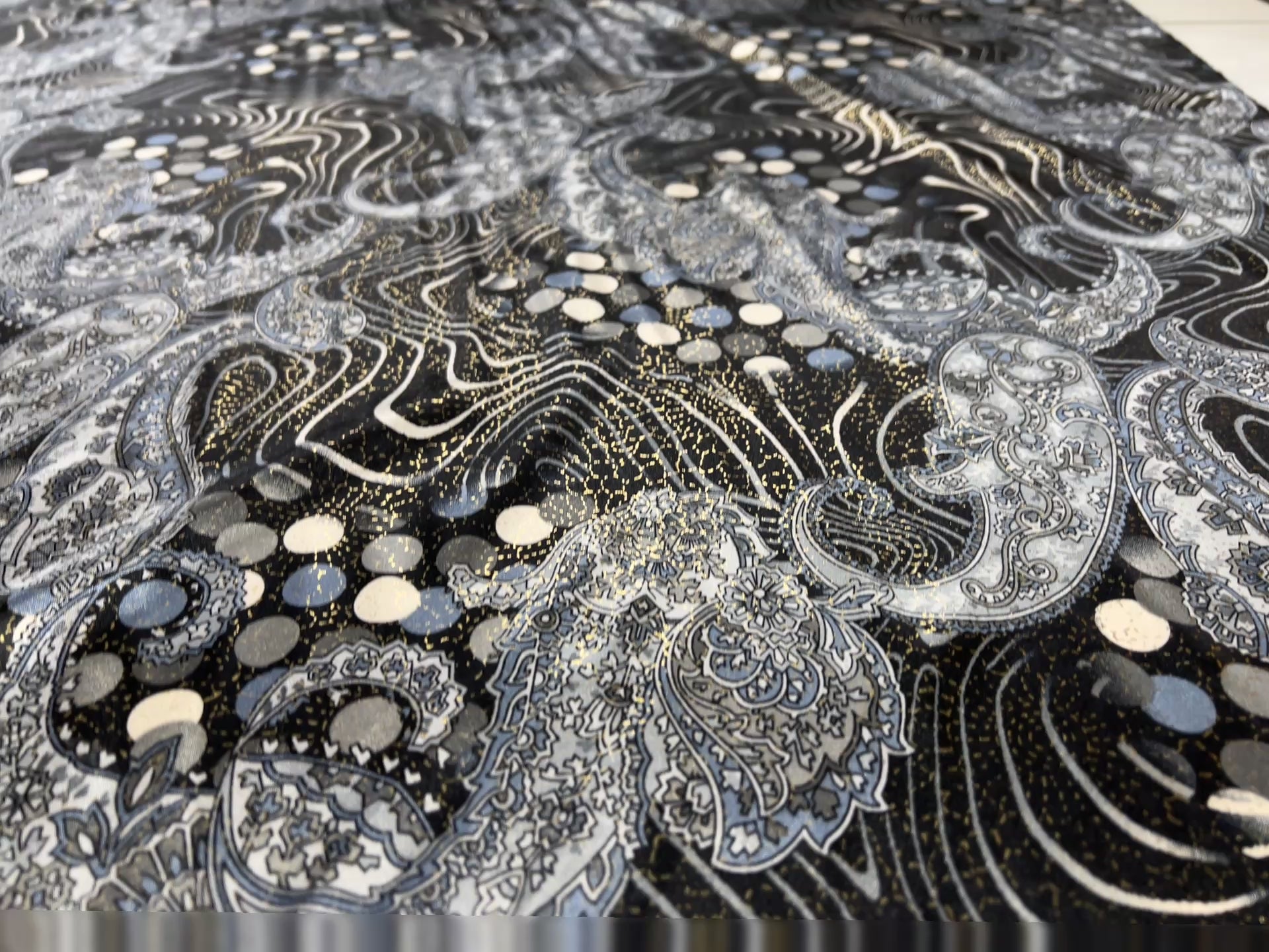 Dressmaking & Occasion Fabric – Metallic Paisley Satin with Silver & Blue Tones – 144cm