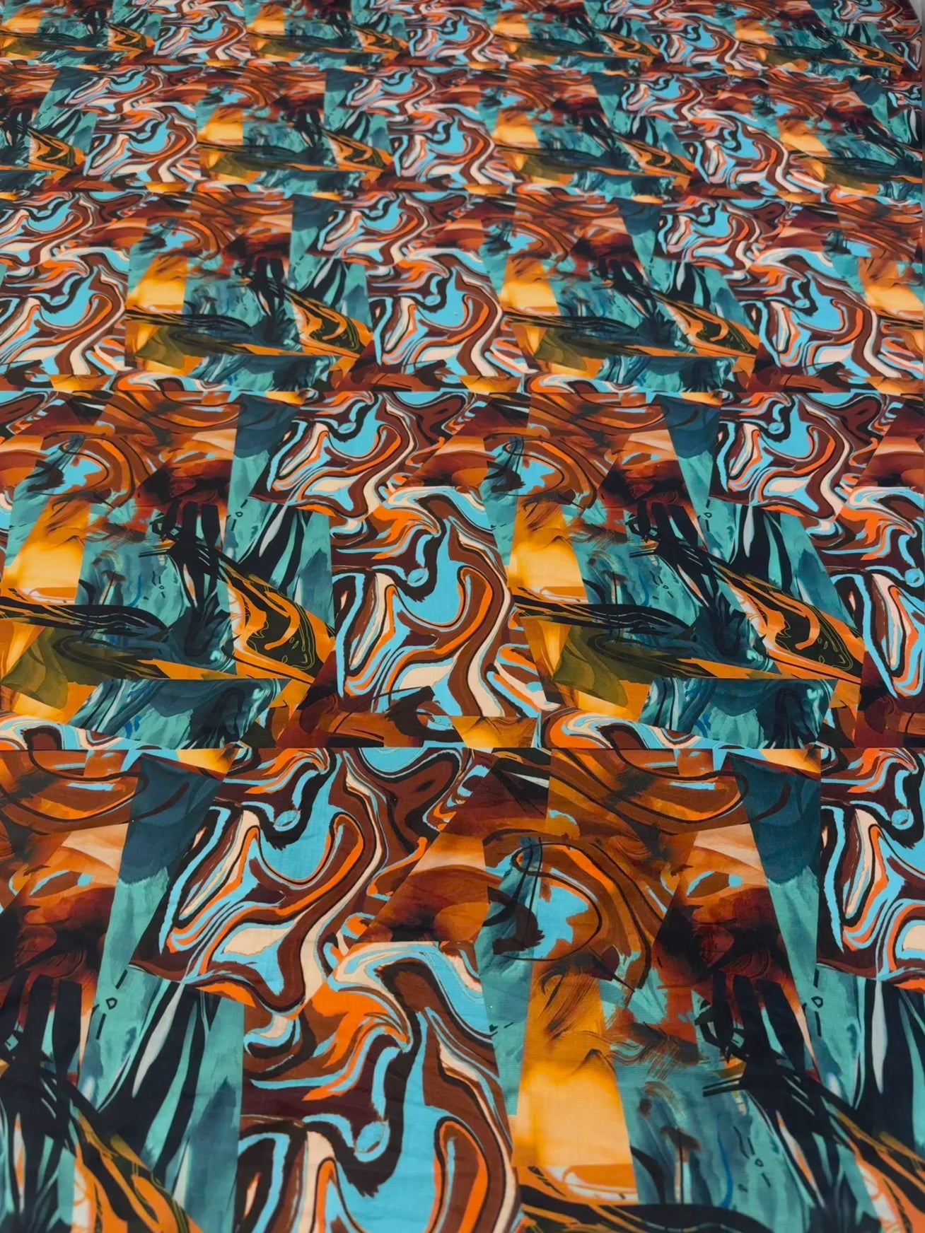 Abstract Marble Print Spun Polyester Jersey Fabric – Teal, Amber & Rust 150cm