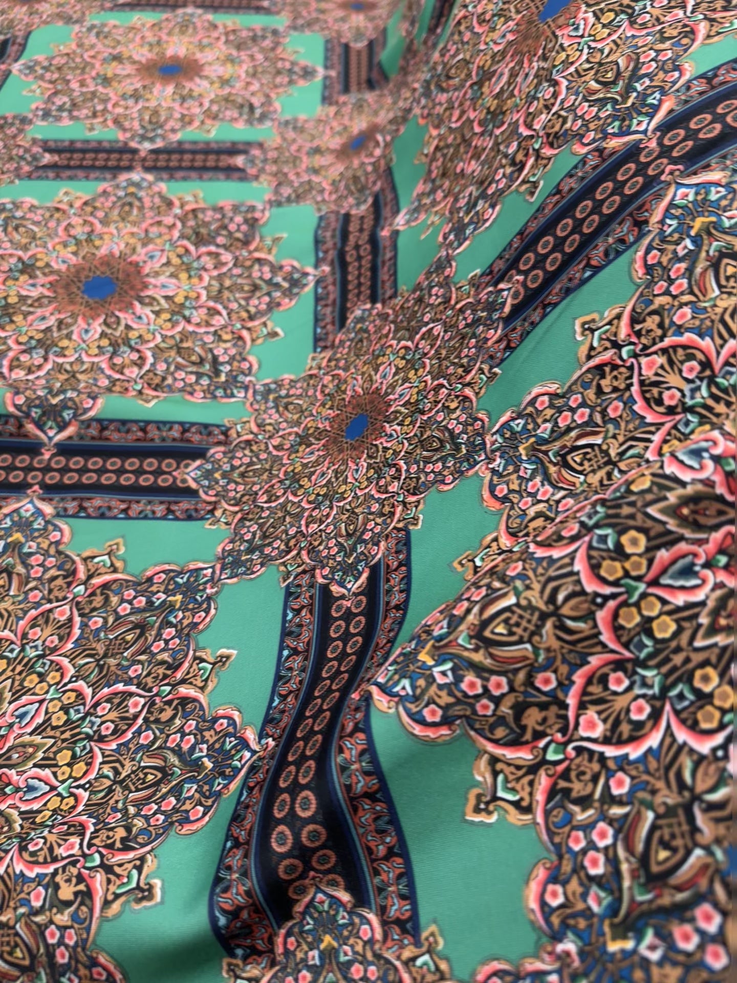 Dressmaking & Statement Fabric – Teal Mandala Print Scuba Knit – Ornate Geometric Stretch Fabric – 147–150cm