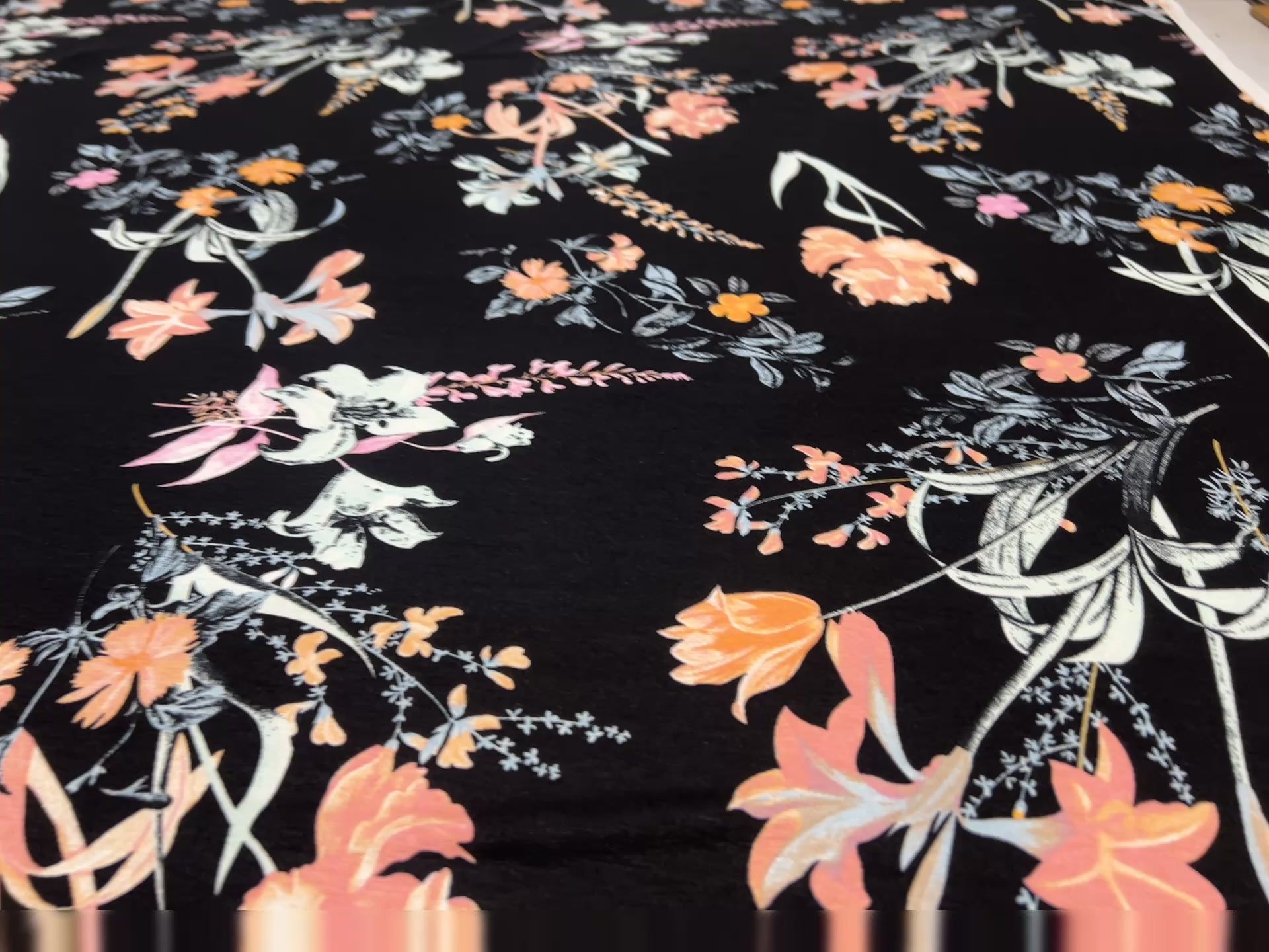 Dressmaking & Jersey Fabric – Black Floral Stretch Knit with Peach & Pink Blossoms – 173cm