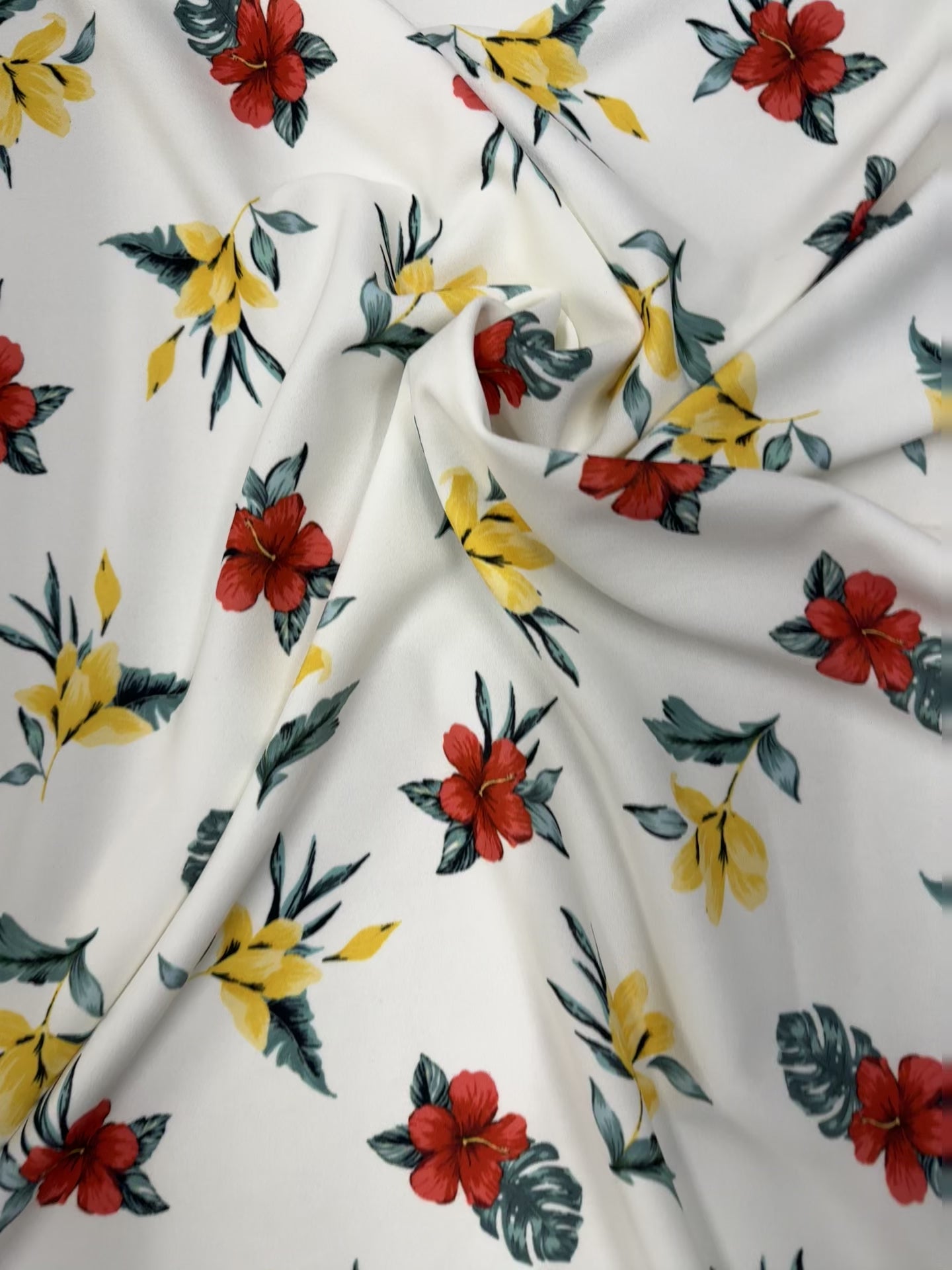 White Tropical Floral Fabric – 152cm – Red & Yellow Bloom Print