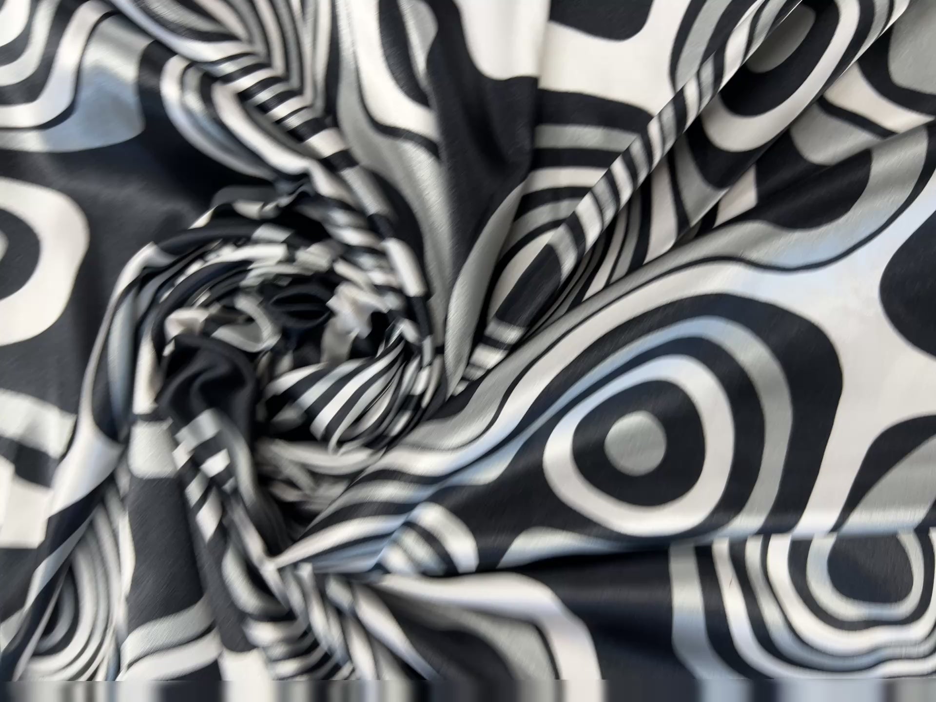Dressmaking & Statement Fabric – Monochrome Op Art Swirl Satin Fabric – Black & White Psychedelic Print – 145cm