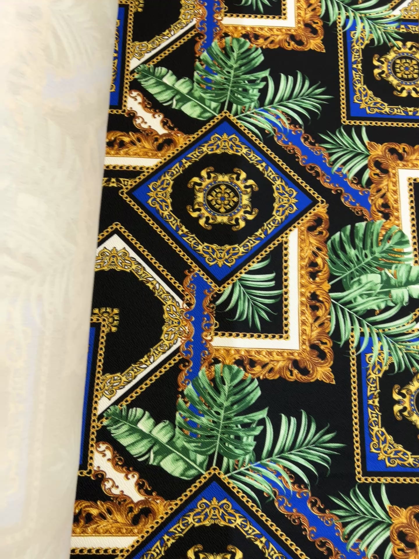 Dressmaking & Statement Wear Fabric – Baroque Tropical Chain Liverpool Fabric with Royal Blue & Gold Palm Print – 149cm