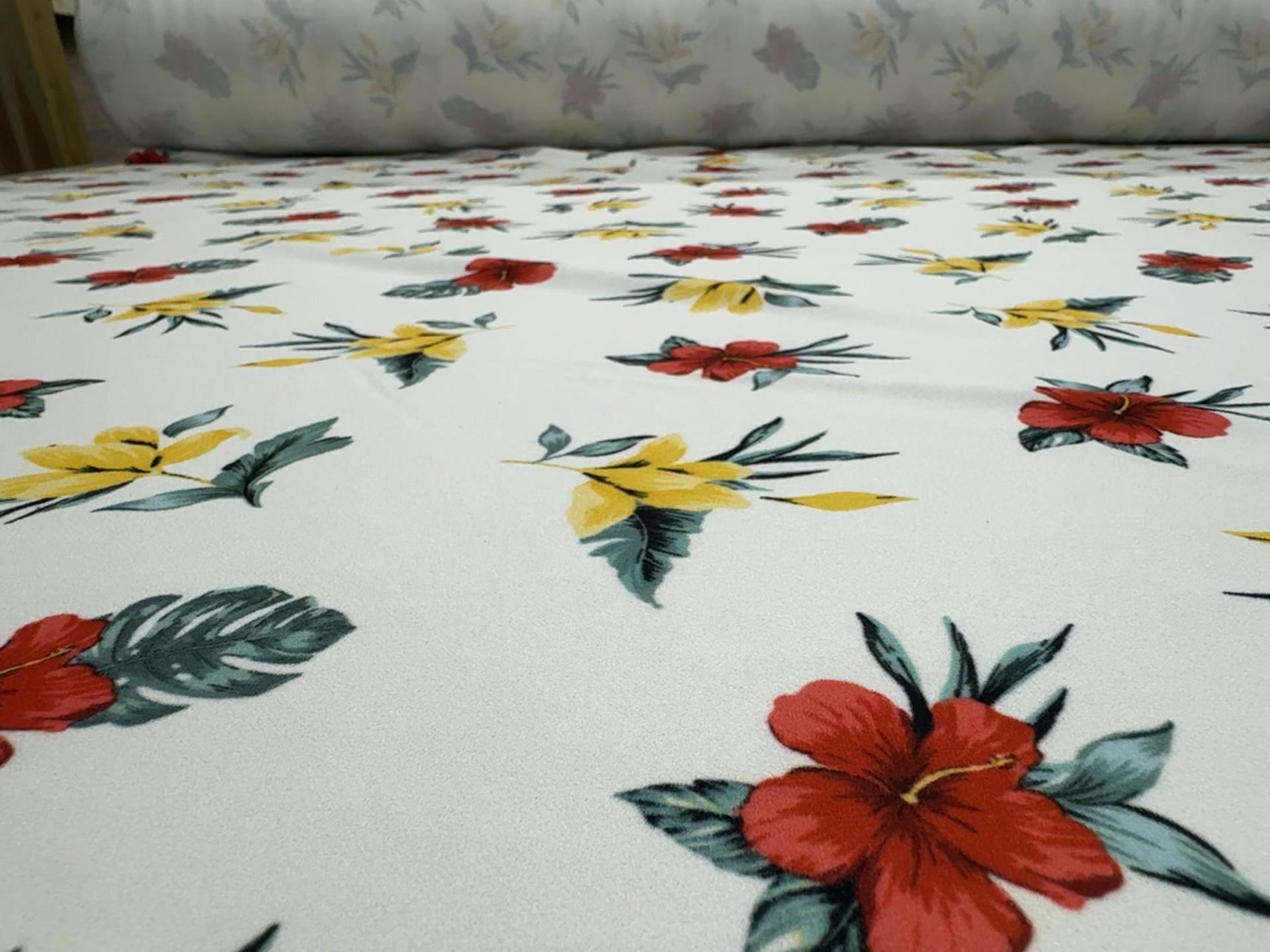 White Tropical Floral Fabric – 152cm – Red & Yellow Bloom Print