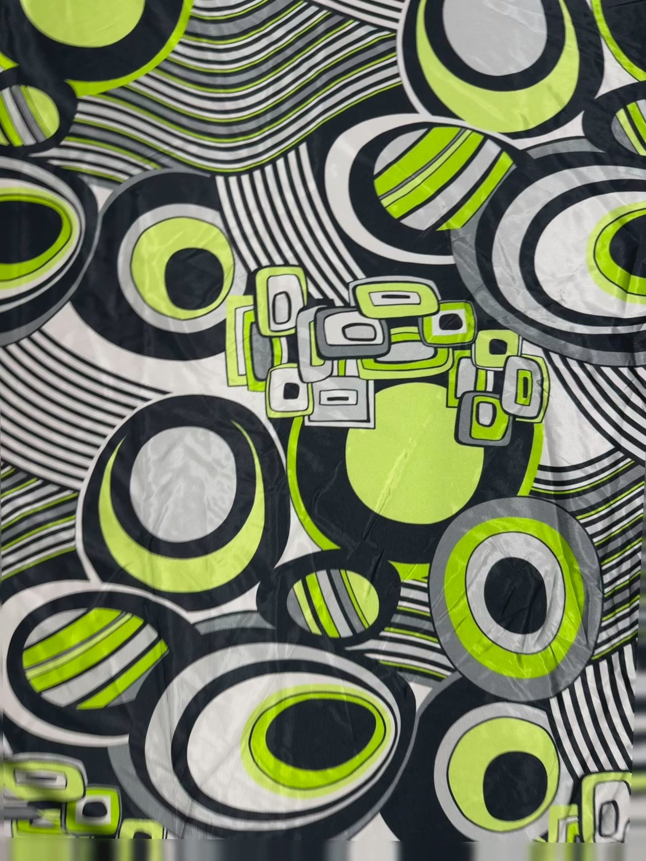 Green & Black Geometric Circle Print Satin Fabric 142cm