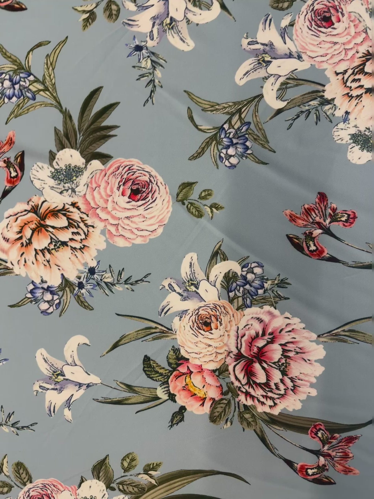Dressmaking & Occasion Wear Fabric – Dusty Blue Floral Stretch Scuba Fabric – 150cm