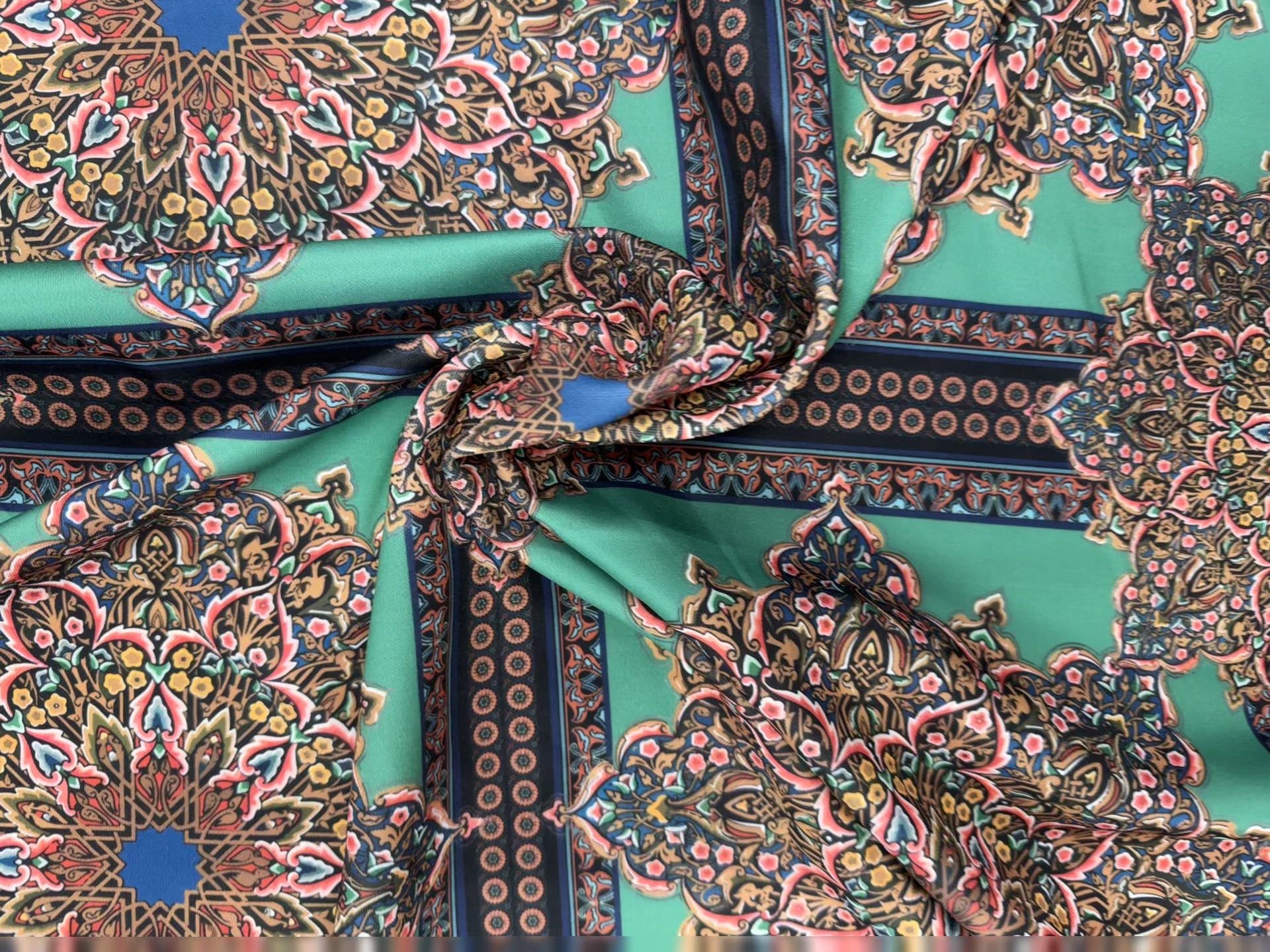 Dressmaking & Statement Fabric – Teal Mandala Print Scuba Knit – Ornate Geometric Stretch Fabric – 147–150cm