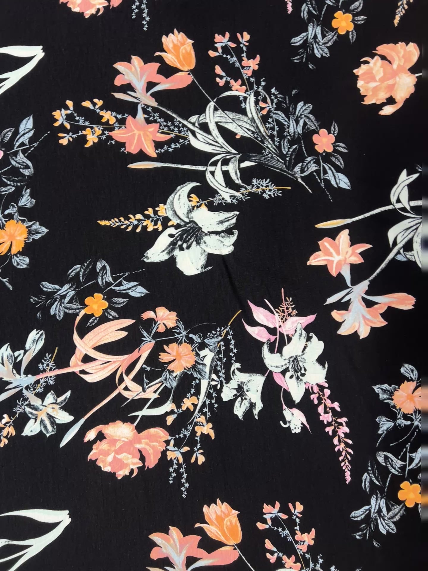 Black Botanical Floral Spun Polyester Jersey Fabric – Peach & Soft Blue Flowers