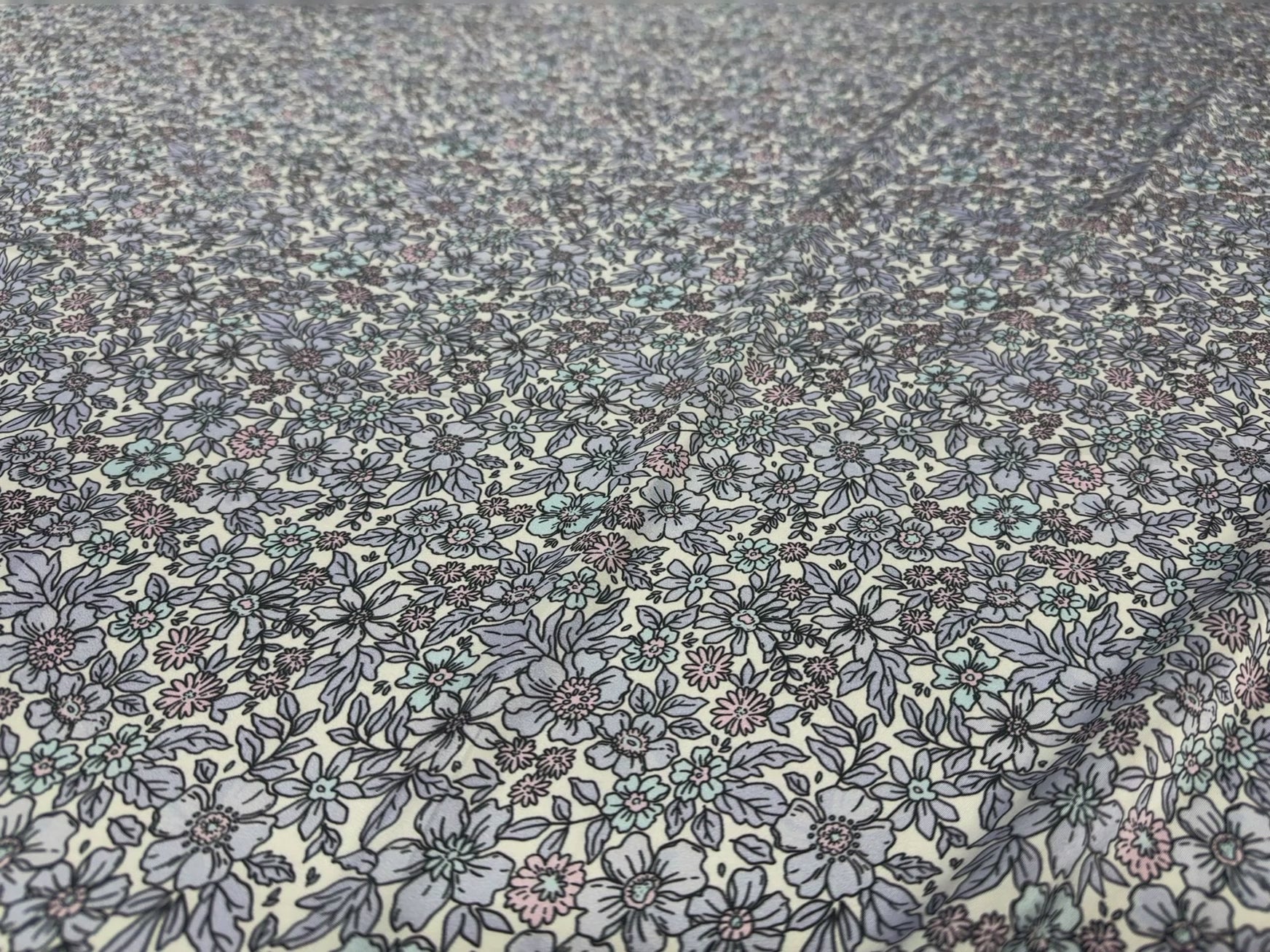 Floral Printed Satin Fabric Lilac Blue Cream Soft Woven Dressmaking 148cm