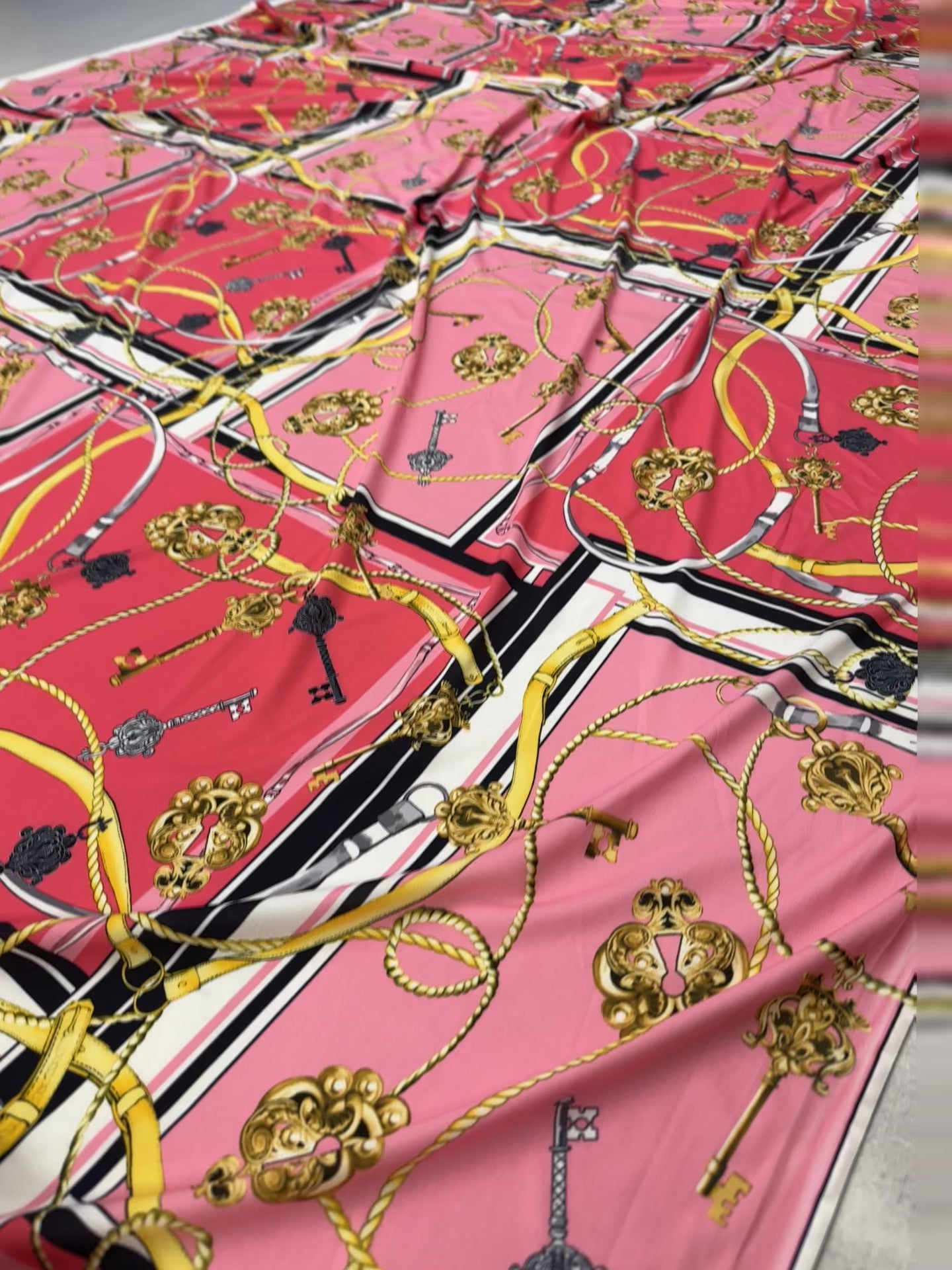 Pink Red Gold Chain Key Print Fabric – 147cm – Luxe Scarf-Inspired Stretch Material