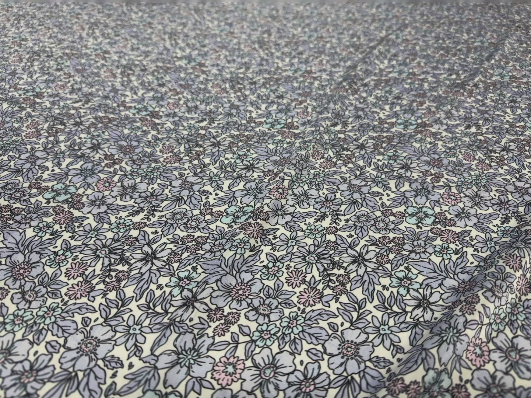 Floral Printed Satin Fabric Lilac Blue Cream Soft Woven Dressmaking 148cm