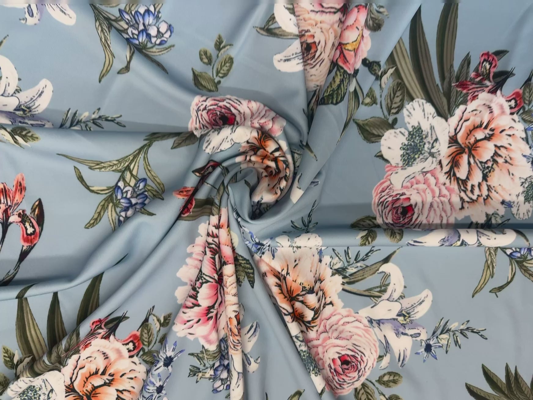Dressmaking & Occasion Wear Fabric – Dusty Blue Floral Stretch Scuba Fabric – 150cm