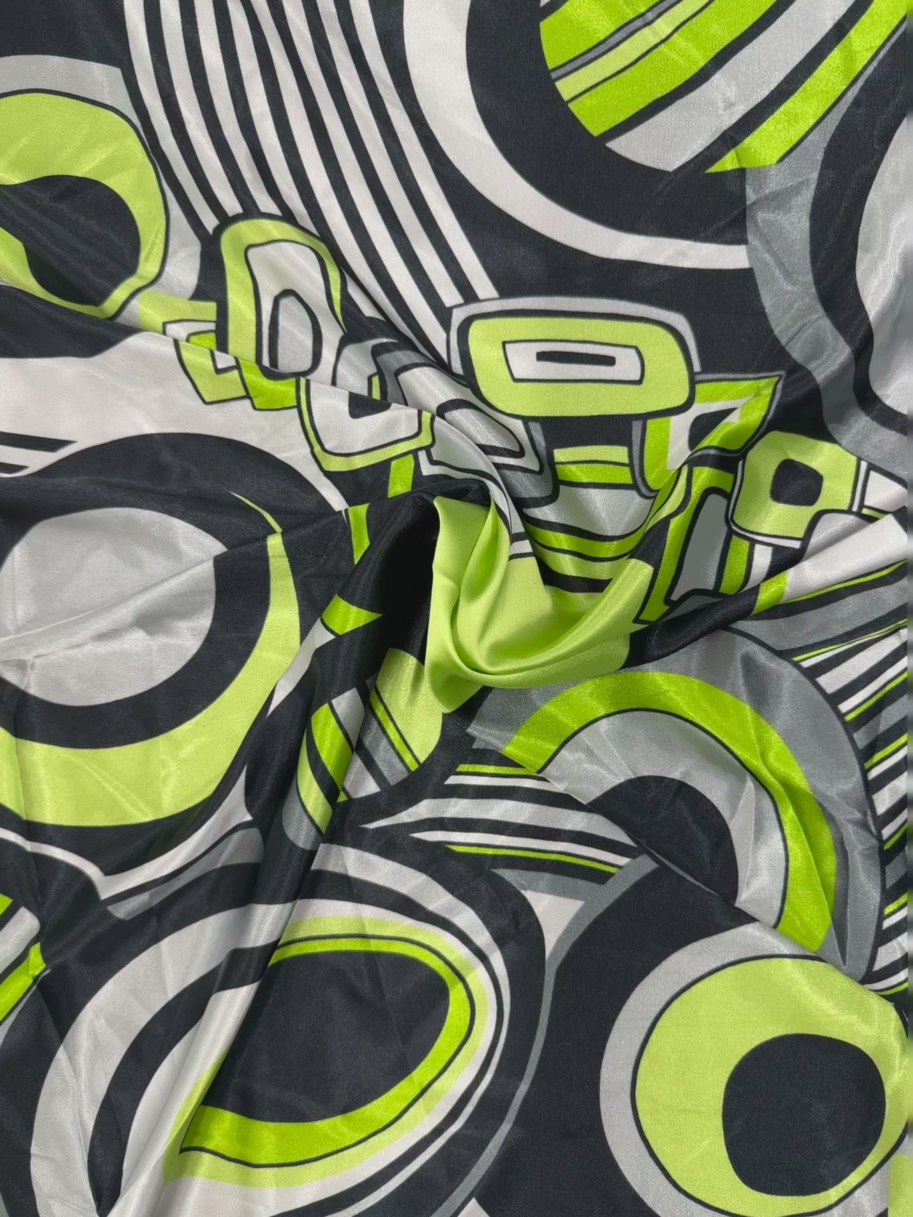 Green & Black Geometric Circle Print Satin Fabric 142cm