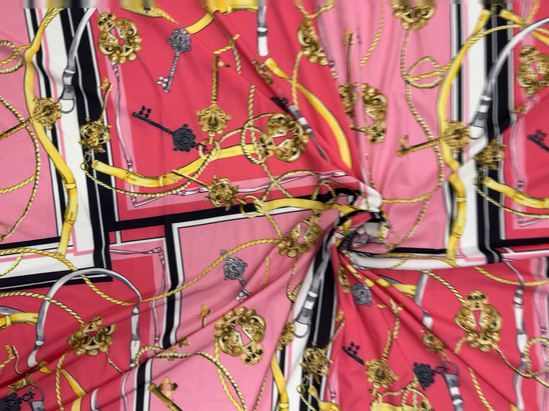 Pink Red Gold Chain Key Print Fabric – 147cm – Luxe Scarf-Inspired Stretch Material