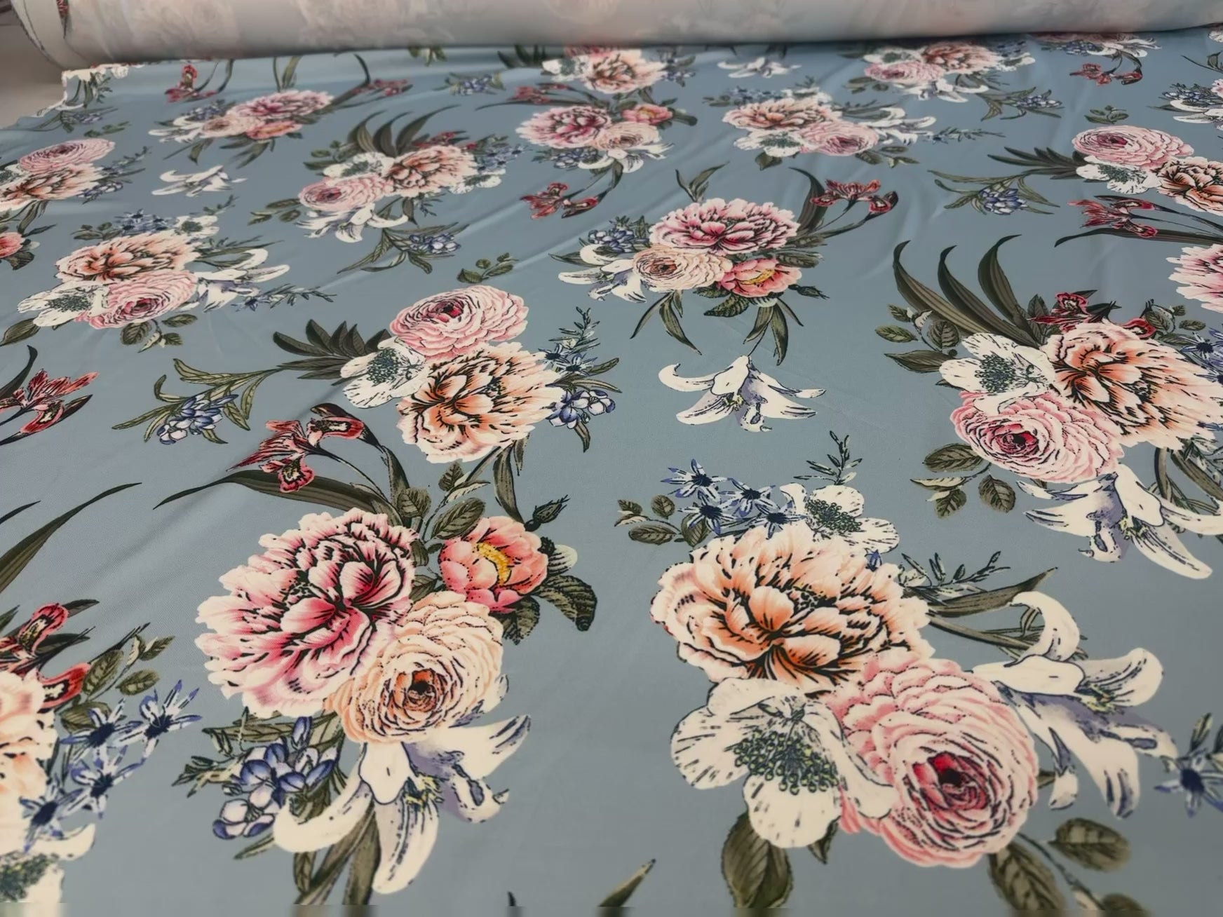Dressmaking & Occasion Wear Fabric – Dusty Blue Floral Stretch Scuba Fabric – 150cm