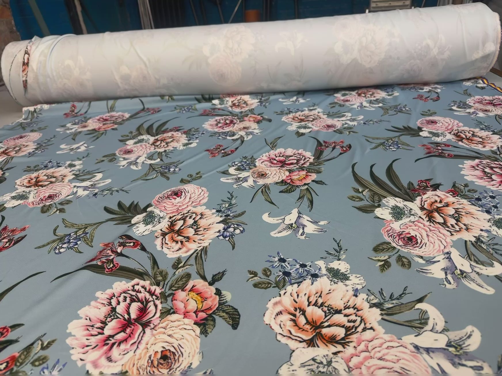 Dressmaking & Occasion Wear Fabric – Dusty Blue Floral Stretch Scuba Fabric – 150cm