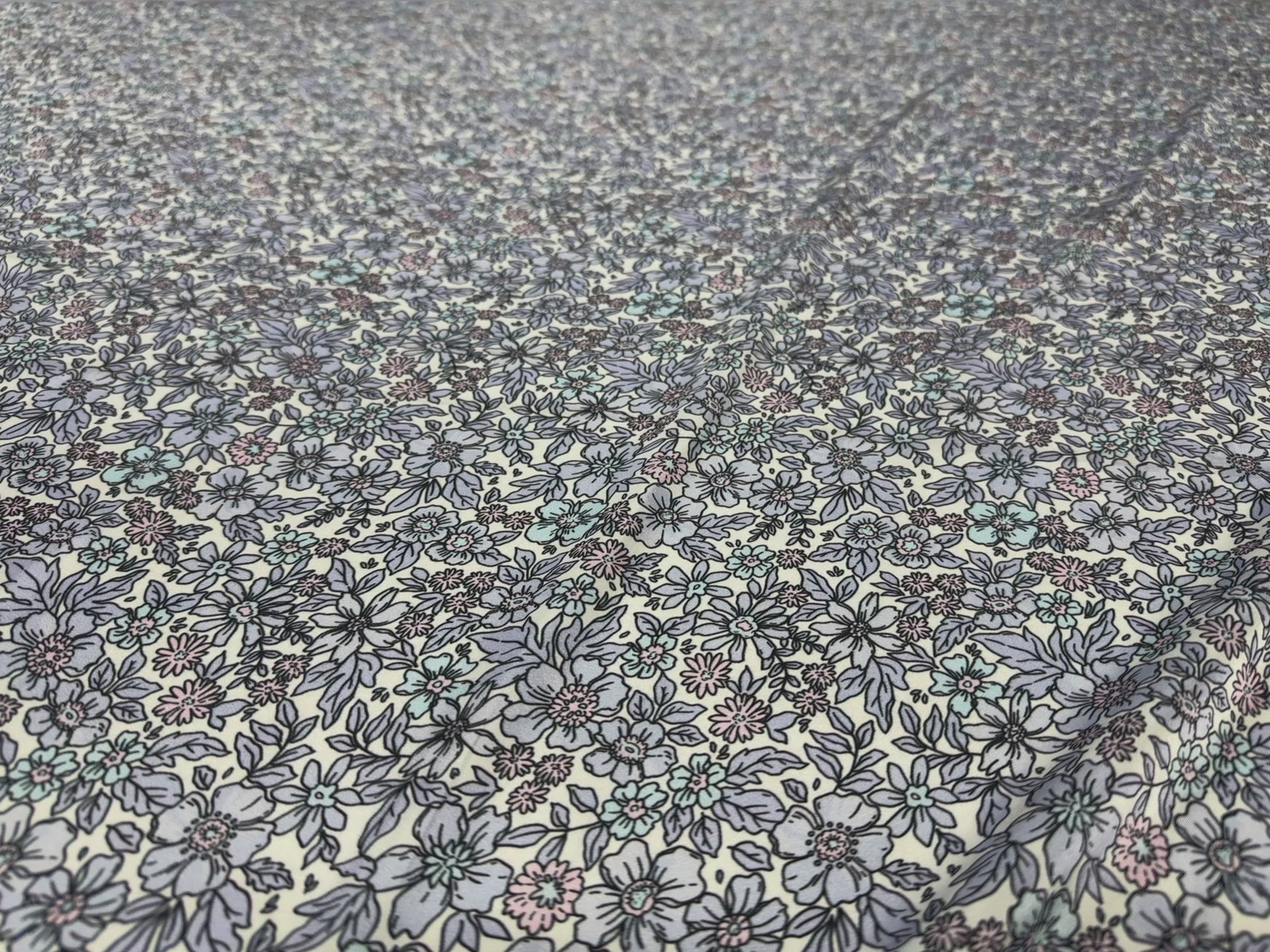 Floral Printed Satin Fabric Lilac Blue Cream Soft Woven Dressmaking 148cm