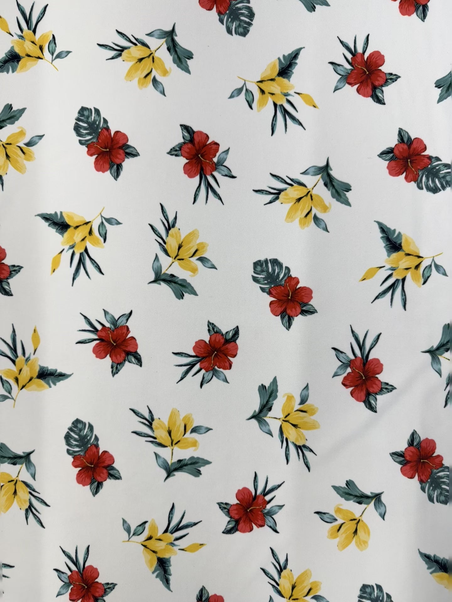 White Tropical Floral Fabric – 152cm – Red & Yellow Bloom Print