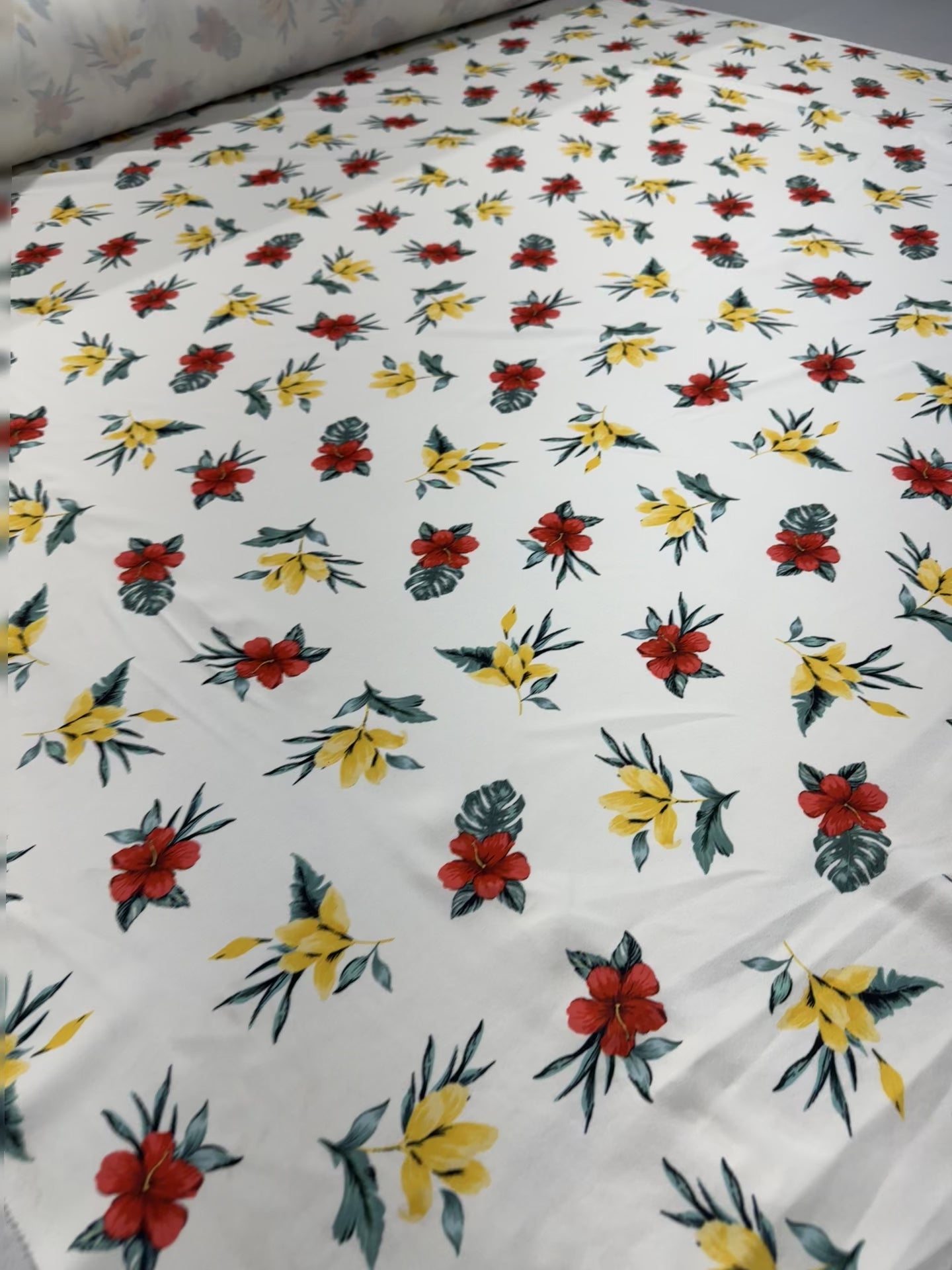 White Tropical Floral Fabric – 152cm – Red & Yellow Bloom Print