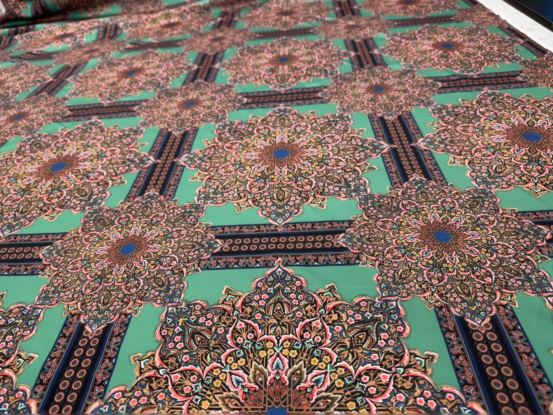 Dressmaking & Statement Fabric – Teal Mandala Print Scuba Knit – Ornate Geometric Stretch Fabric – 147–150cm