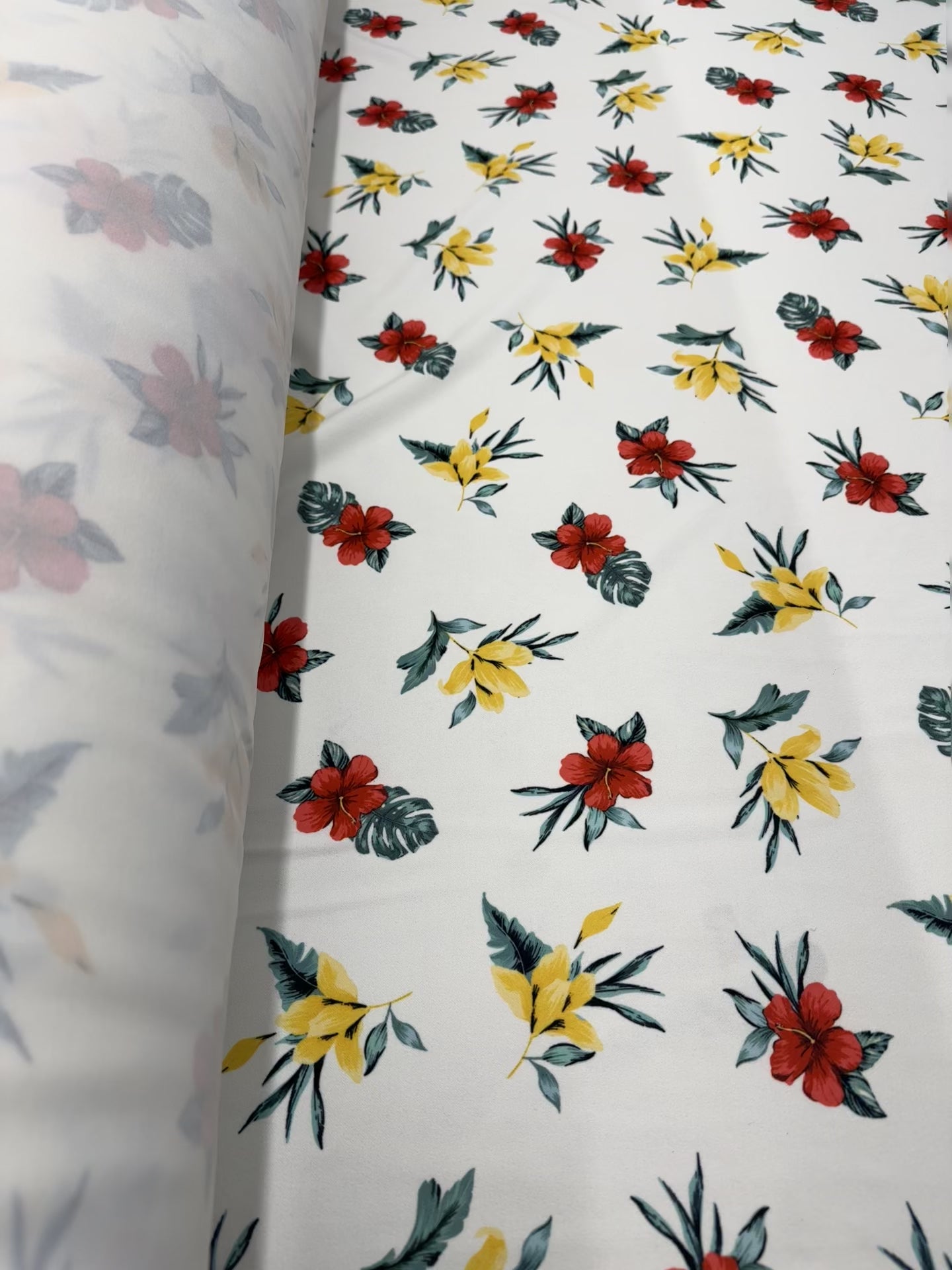White Tropical Floral Fabric – 152cm – Red & Yellow Bloom Print