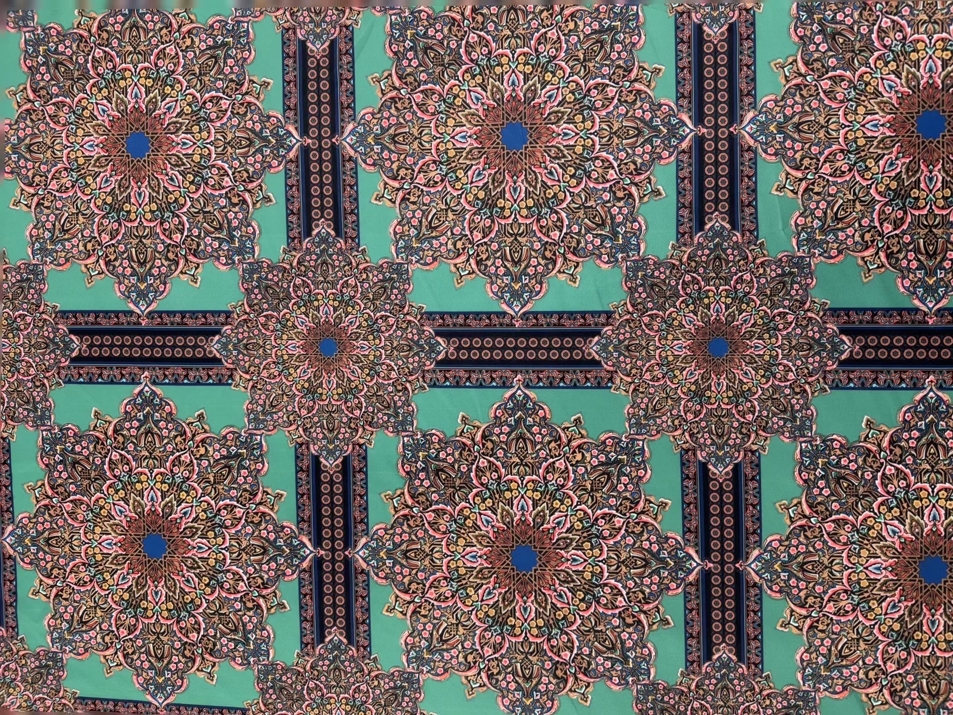 Dressmaking & Statement Fabric – Teal Mandala Print Scuba Knit – Ornate Geometric Stretch Fabric – 147–150cm