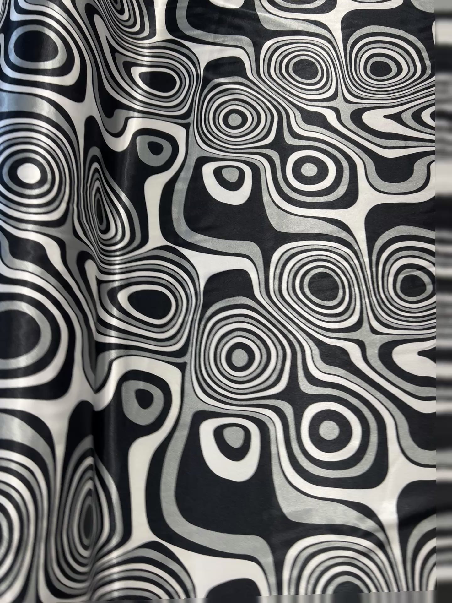 Dressmaking & Statement Fabric – Monochrome Op Art Swirl Satin Fabric – Black & White Psychedelic Print – 145cm