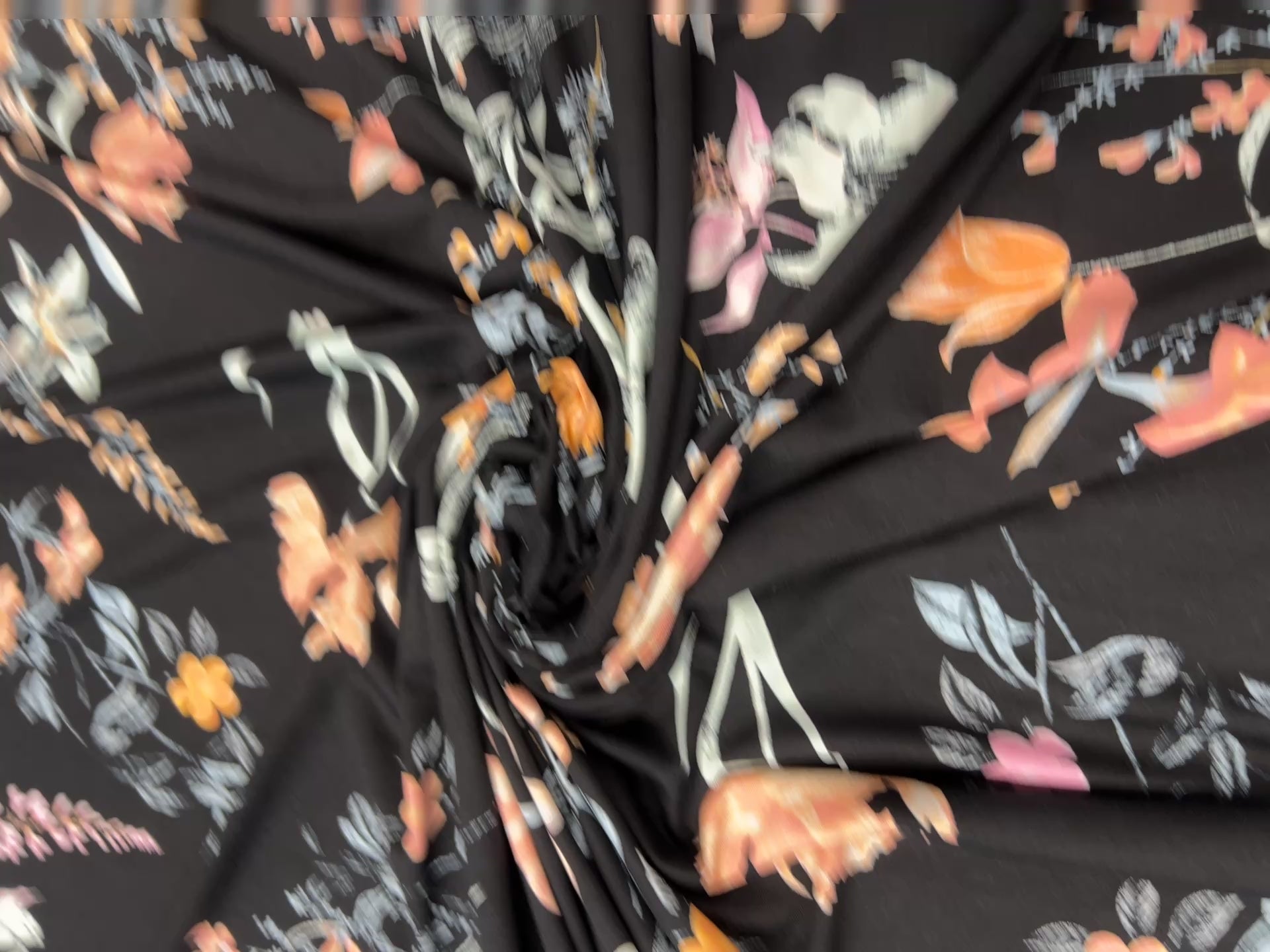 Dressmaking & Jersey Fabric – Black Floral Stretch Knit with Peach & Pink Blossoms – 173cm