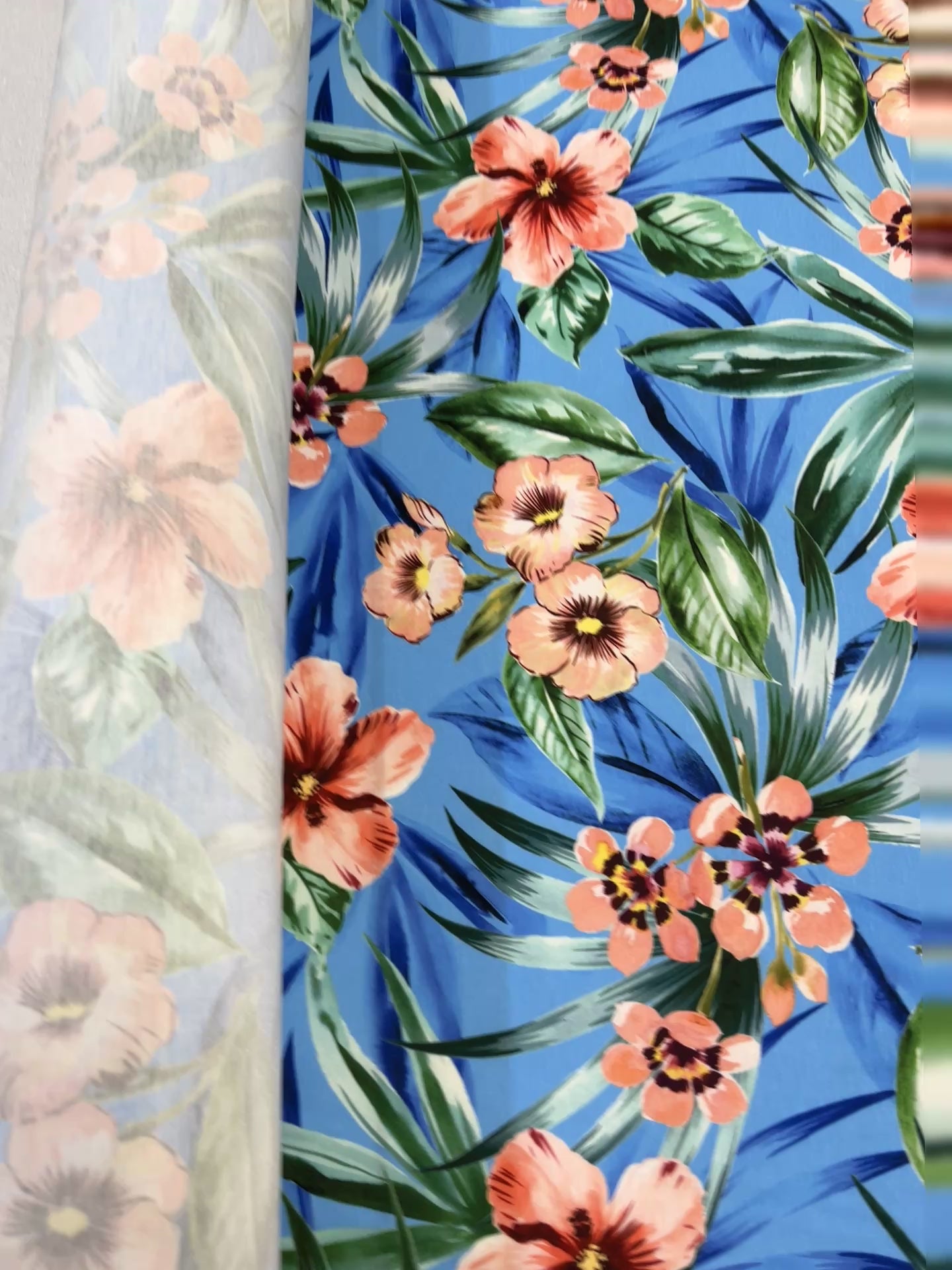 Blue Tropical Floral Spun Polyester Jersey Fabric 147cm
