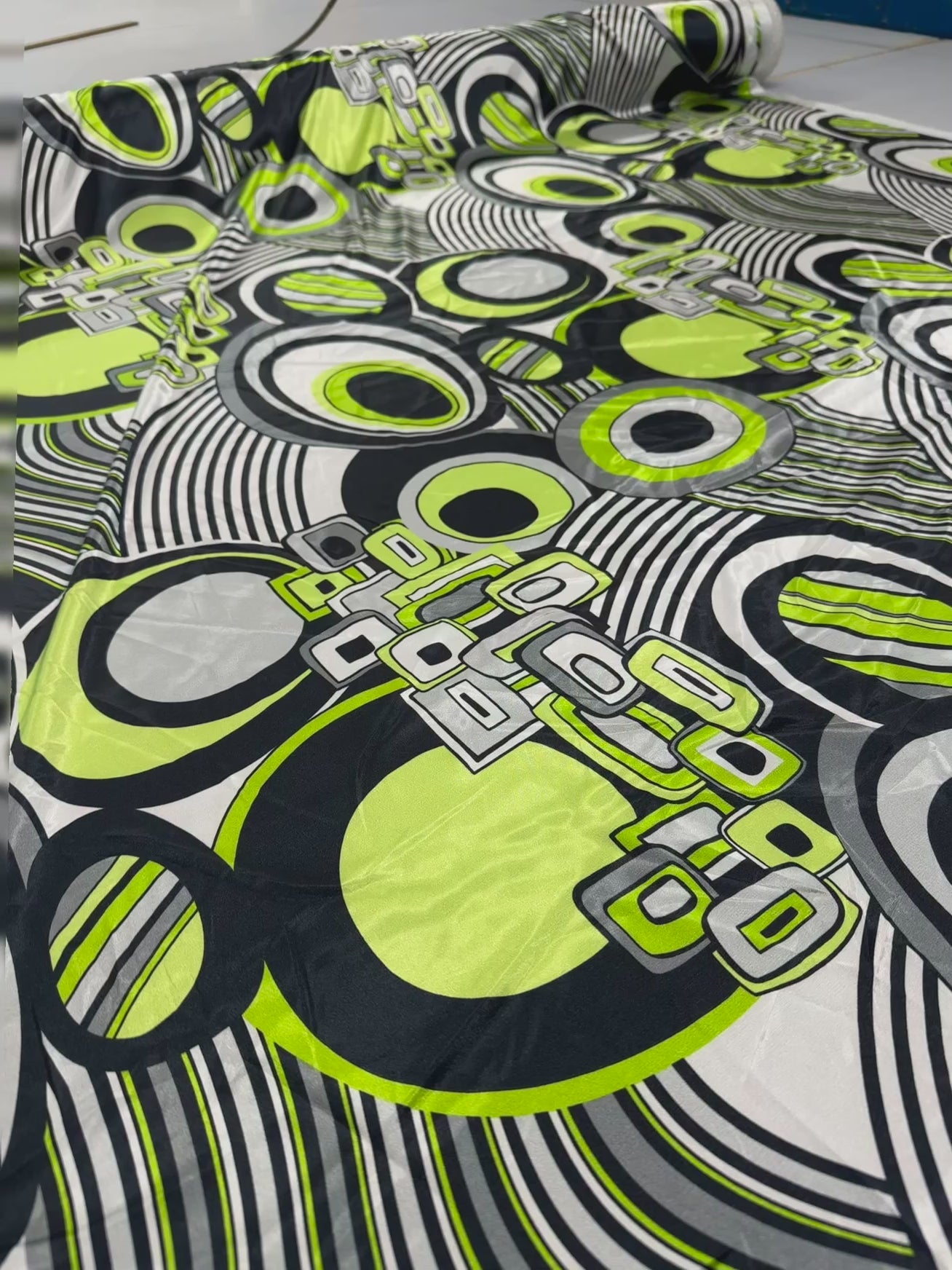 Green & Black Geometric Circle Print Satin Fabric 142cm