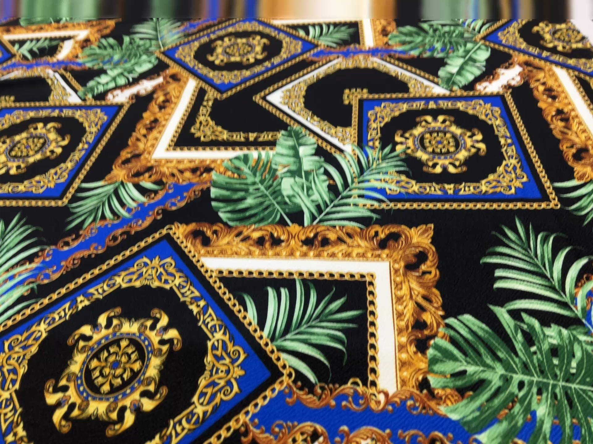 Dressmaking & Statement Wear Fabric – Baroque Tropical Chain Liverpool Fabric with Royal Blue & Gold Palm Print – 149cm