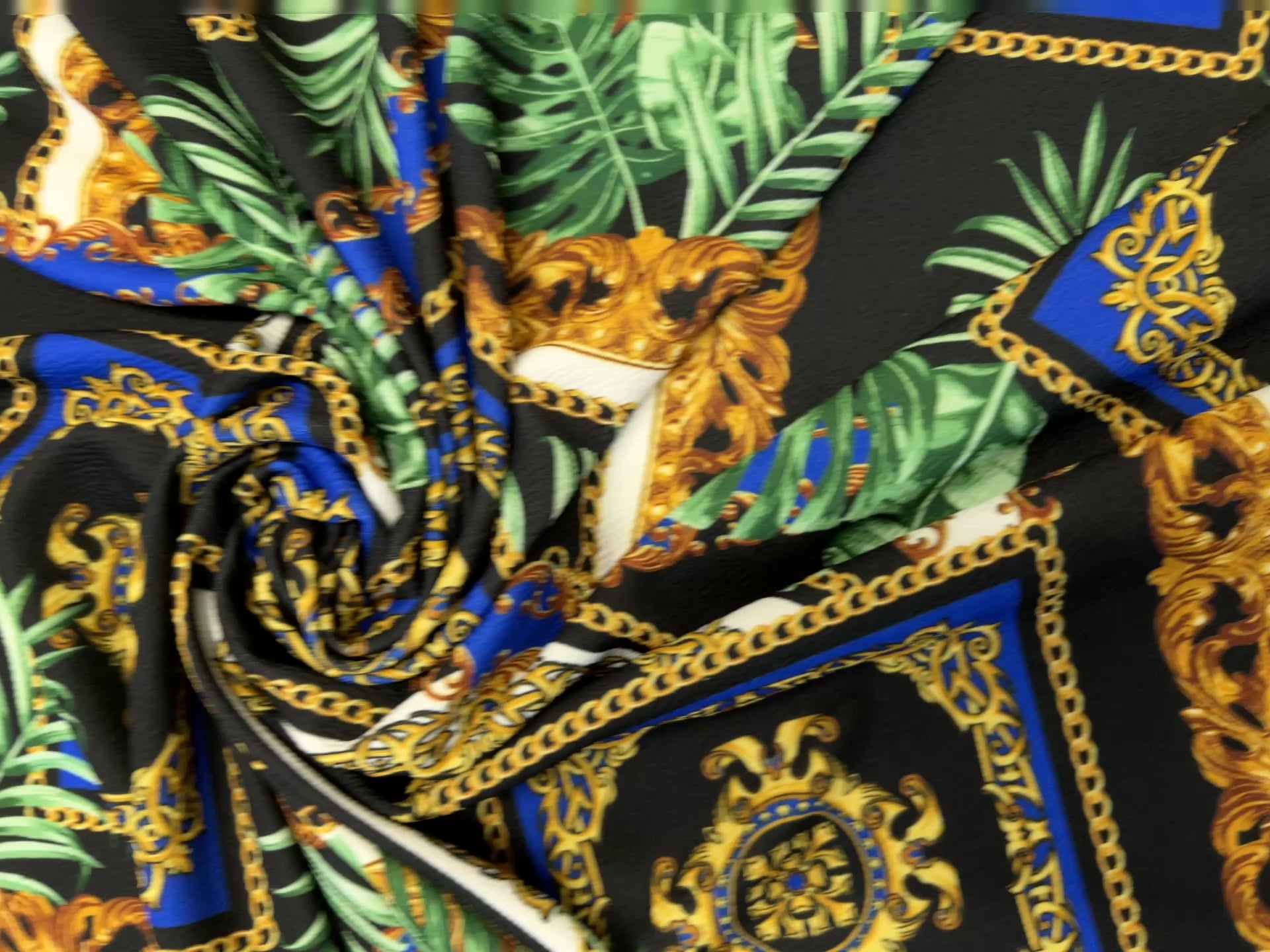 Dressmaking & Statement Wear Fabric – Baroque Tropical Chain Liverpool Fabric with Royal Blue & Gold Palm Print – 149cm