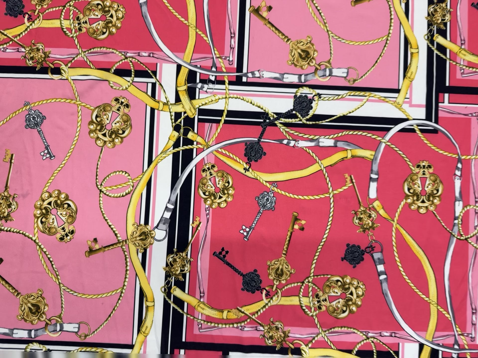 Pink Red Gold Chain Key Print Fabric – 147cm – Luxe Scarf-Inspired Stretch Material