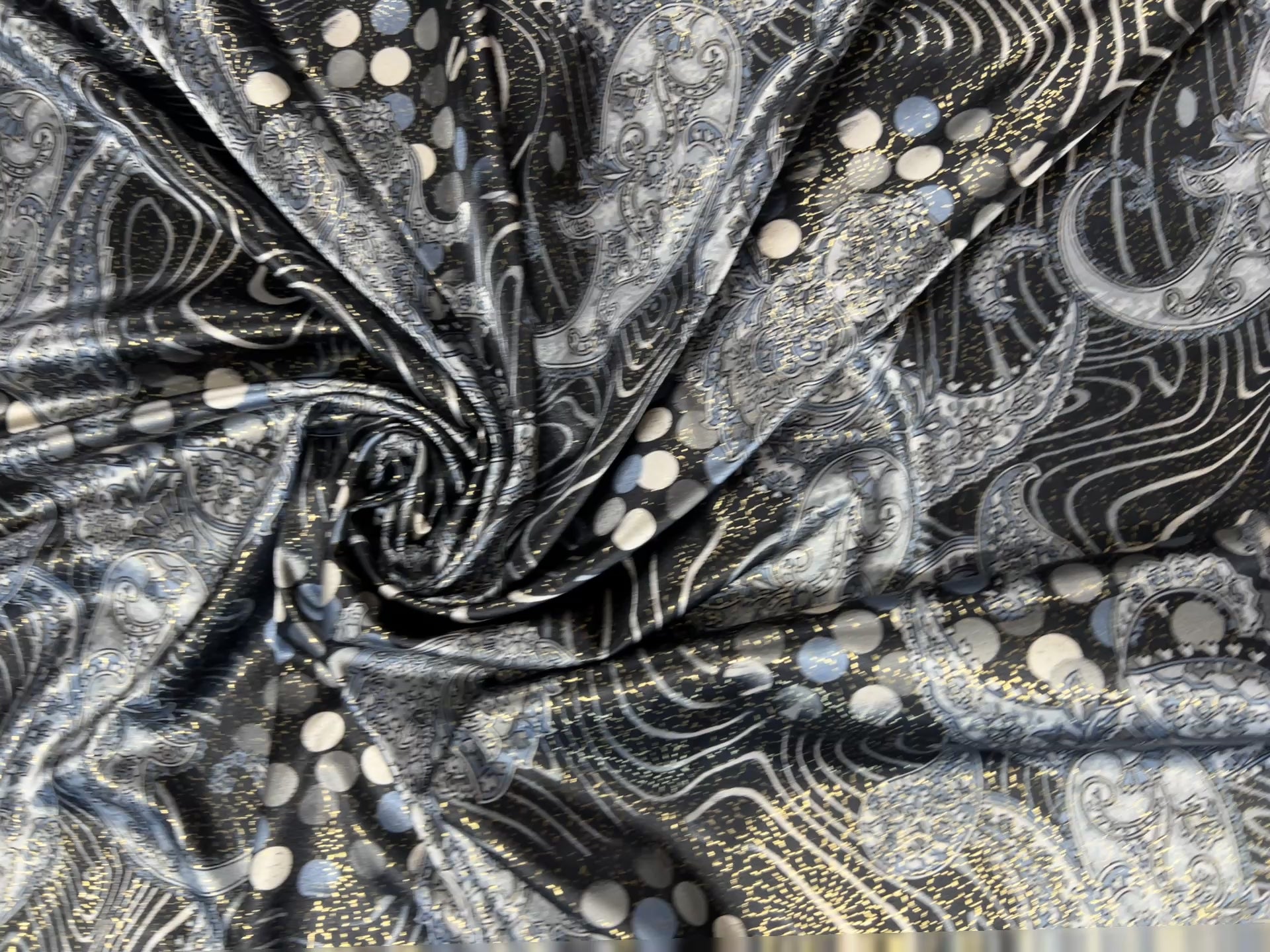 Dressmaking & Occasion Fabric – Metallic Paisley Satin with Silver & Blue Tones – 144cm