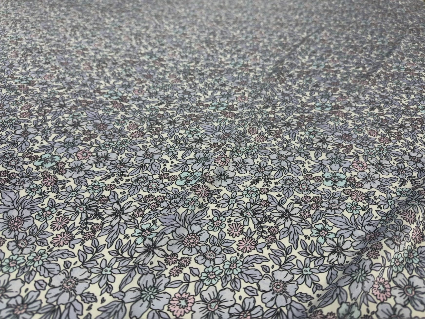 Floral Printed Satin Fabric Lilac Blue Cream Soft Woven Dressmaking 148cm