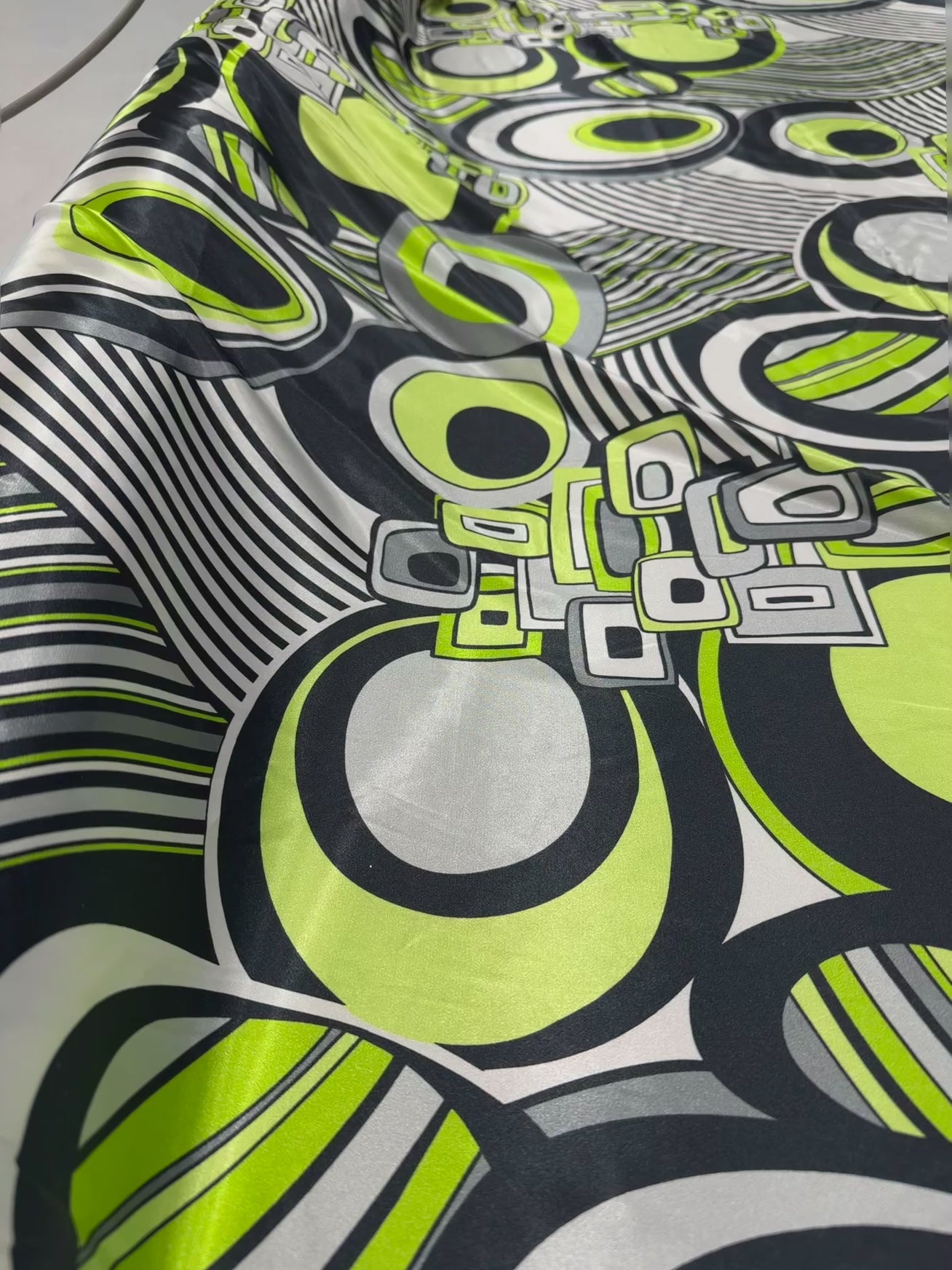 Green & Black Geometric Circle Print Satin Fabric 142cm
